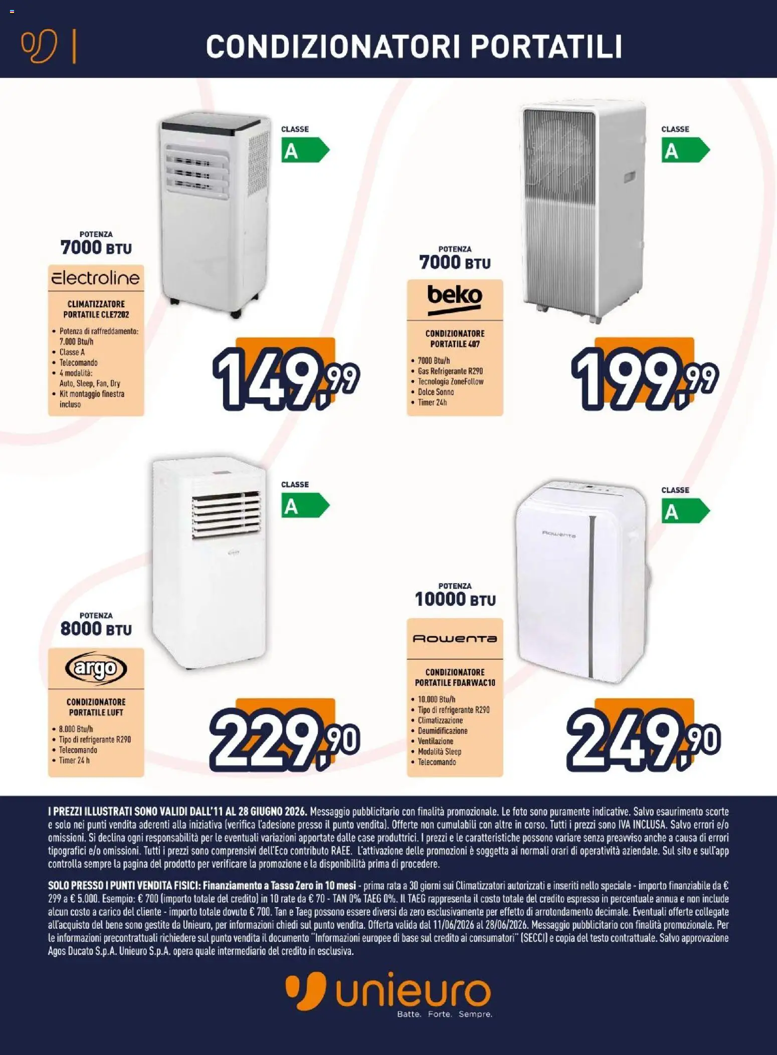 Volantino Unieuro del 11.06.2026 | Pagina: 16 | Prodotti: Climatizzatore, Telecomando, Condizionatore, Condizionatore portatile