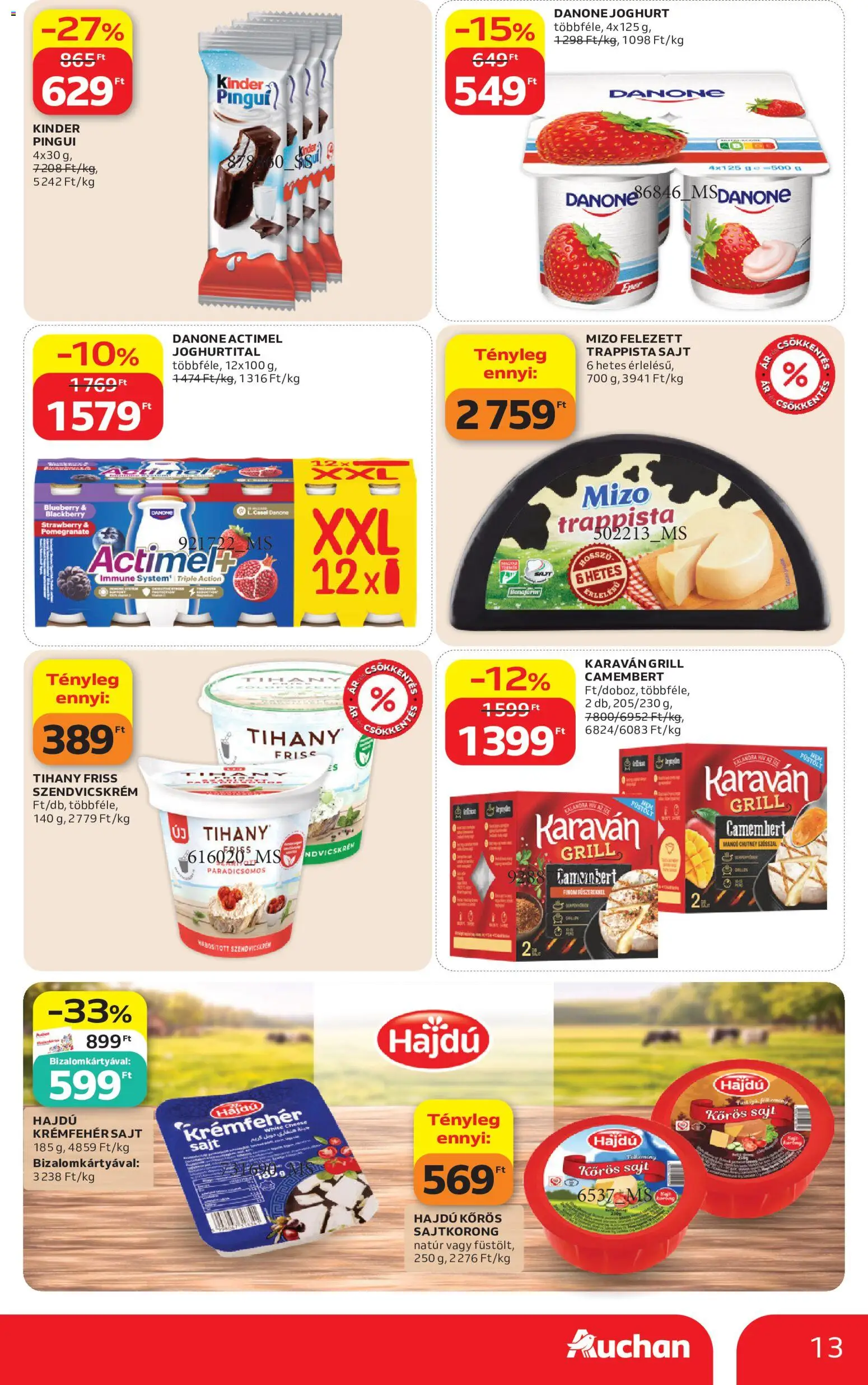 Auchan akciós ujság - amely érvényes a következő dátumtól: 2026.07.09. | Oldal: 13 | Termékek: Szendvicskrém, Grill, Trappista sajt, Camembert