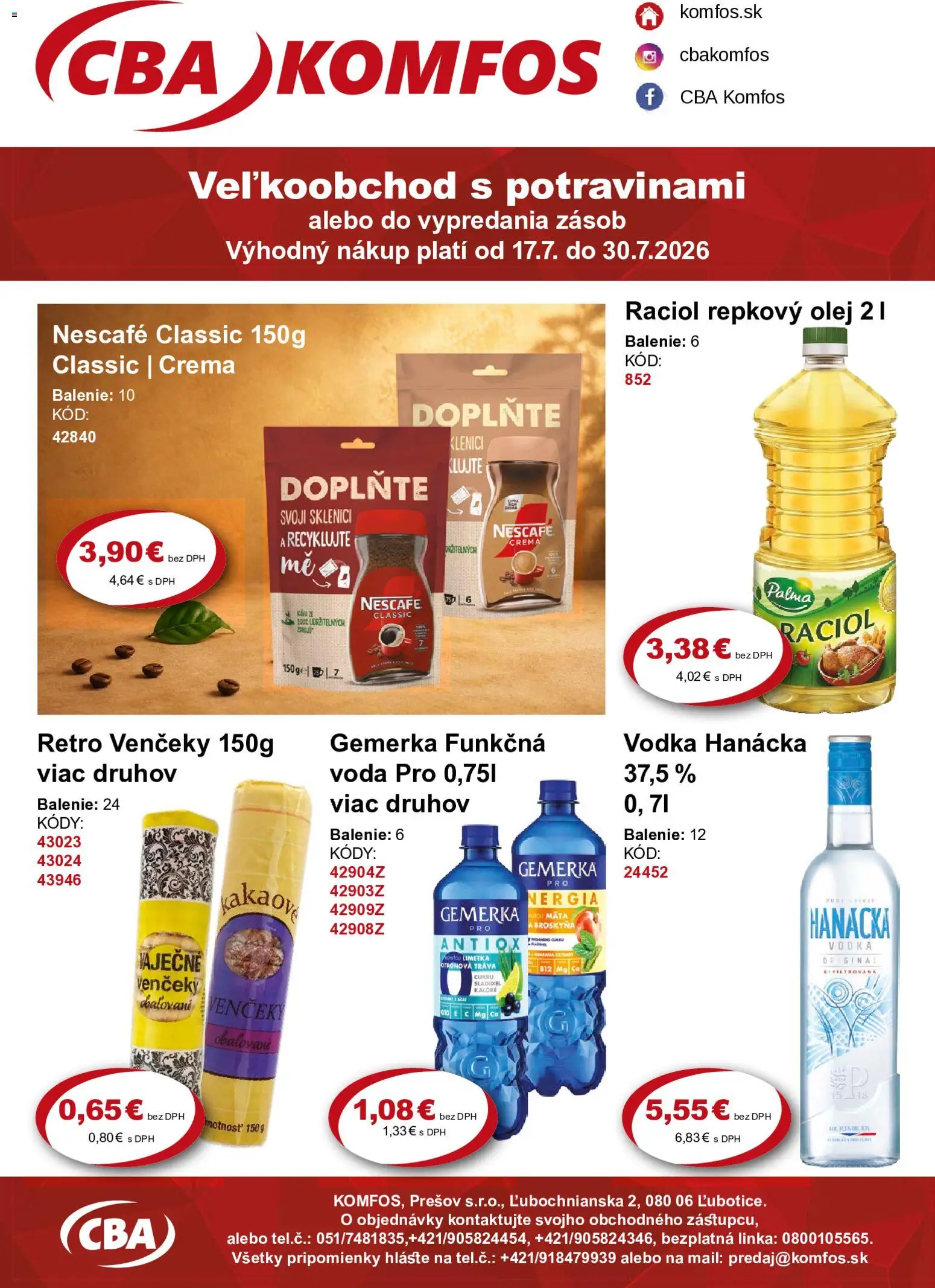Nové CBA Komfos akcie – leták je platný od 21.08.2026 | Strana: 1 | Produkty: Venčeky, Olej, Vodka, Gemerka