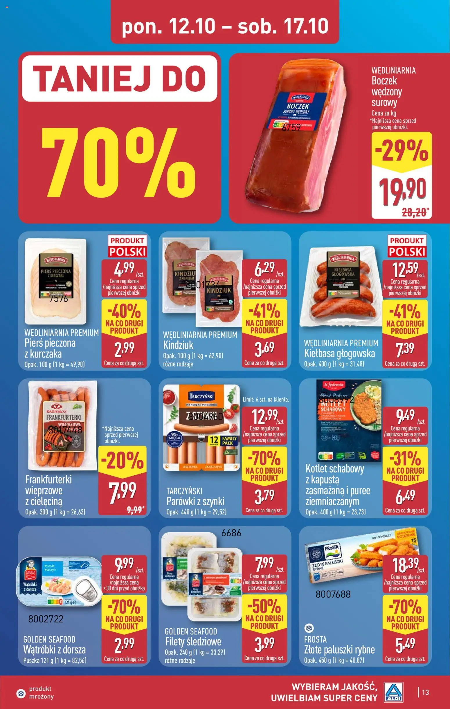 Aldi gazetka od 12.10.2026 | Strona: 13 | Produkty: Frosta, Frankfurterki, Boczek, Paluszki