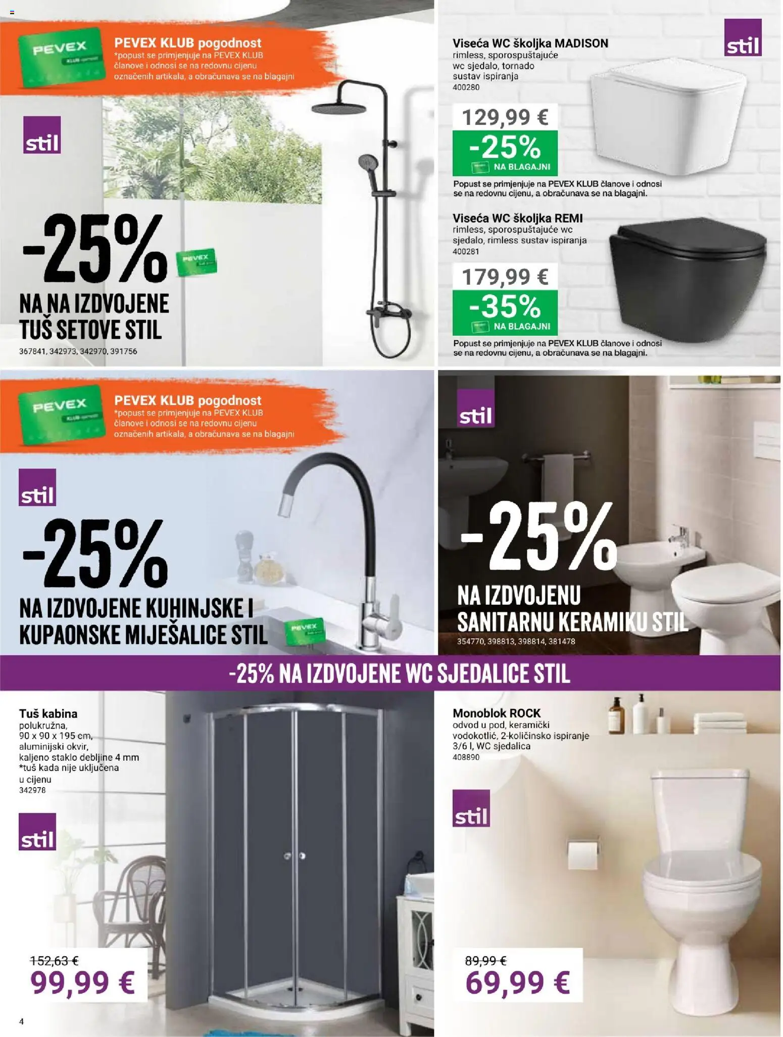 Pevex katalog | vrijedi od 28.05.2026 | Stranica: 4 | Proizvodi: Tuš, Tuš kabina, Wc školjka