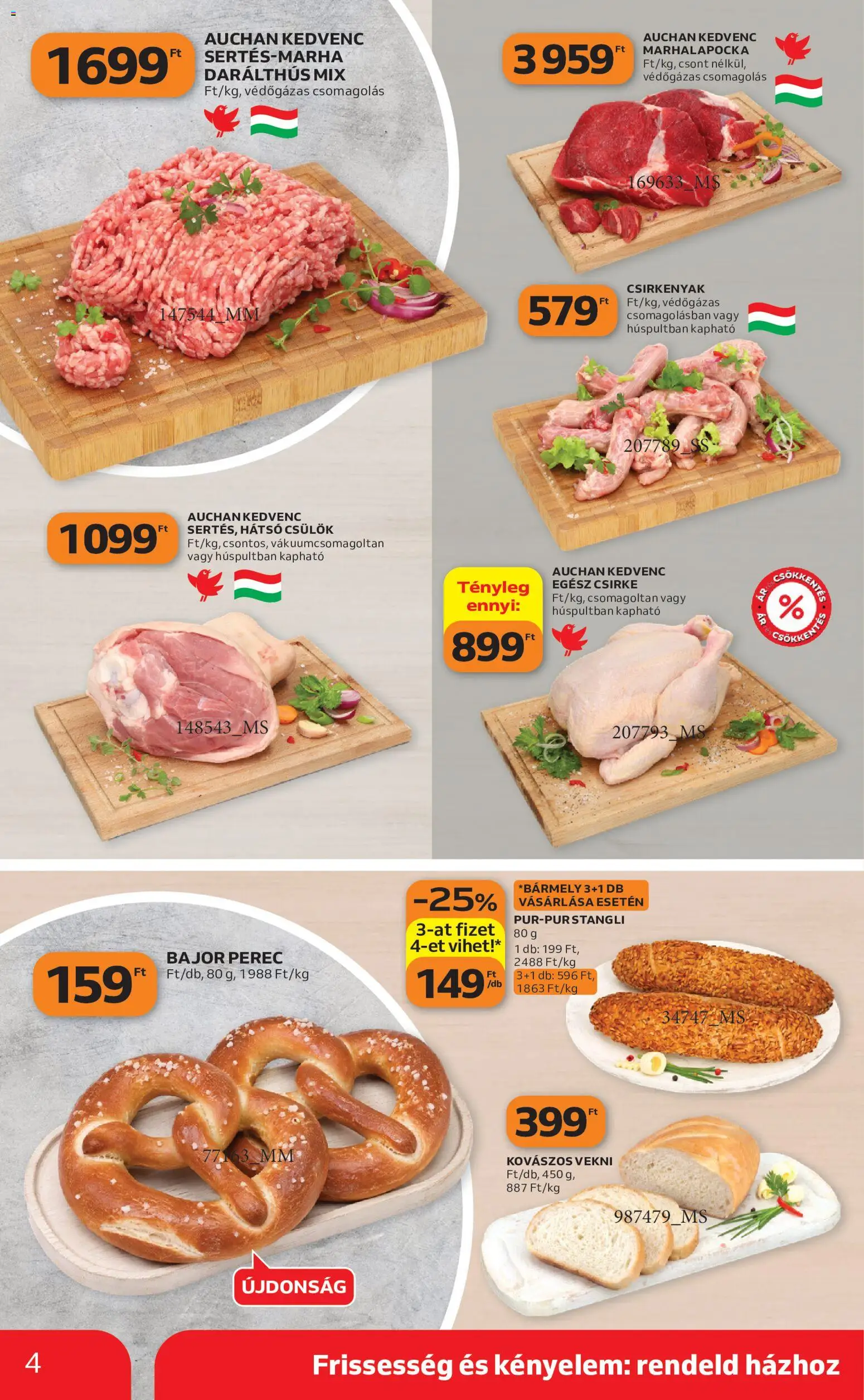 Auchan akciós ujság - amely érvényes a következő dátumtól: 2026.10.22. | Oldal: 4 | Termékek: Egész csirke, Csirke, Csülök, Vekni