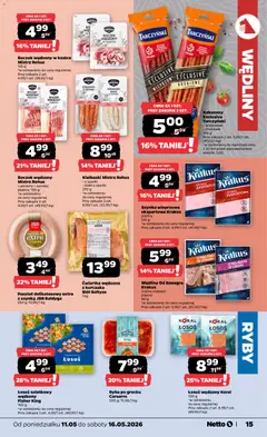 Pogląd oferty "Netto gazetka od poniedziałku spożywcza" - ważna od 11.05.2026 | Strona: 15 | Produkty: Szynka wieprzowa, Boczek, Wędliny, Ryby