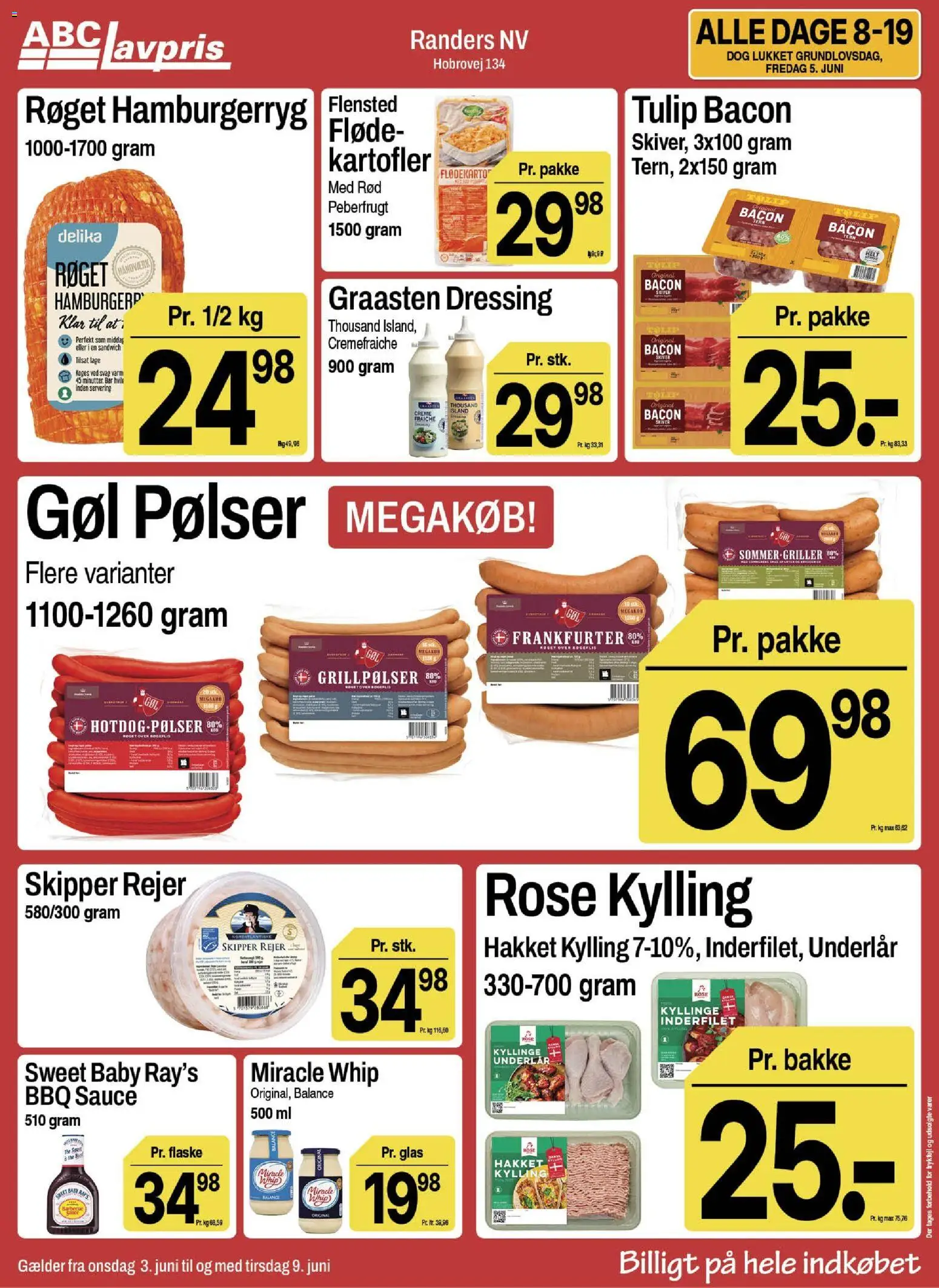 Abc Lavpris tilbudsavis – gyldig fra 03.06.2026 | Side: 6 | Produkter: Pølser, Kartofler, Bacon, Peberfrugt