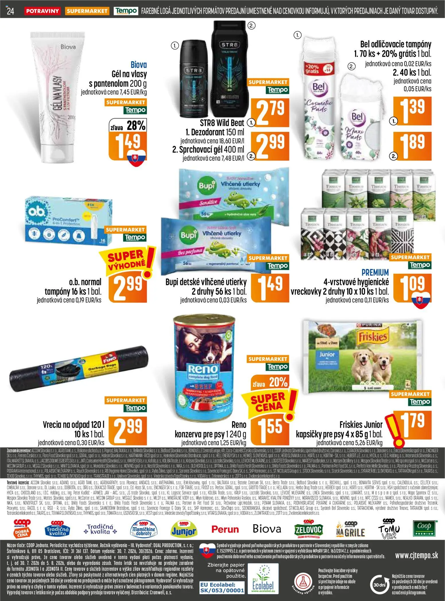 Nové COOP Jednota akcie – leták je platný od 30.07.2026 | Strana: 24 | Produkty: Friskies, Batérie, Dezodorant, Ryba