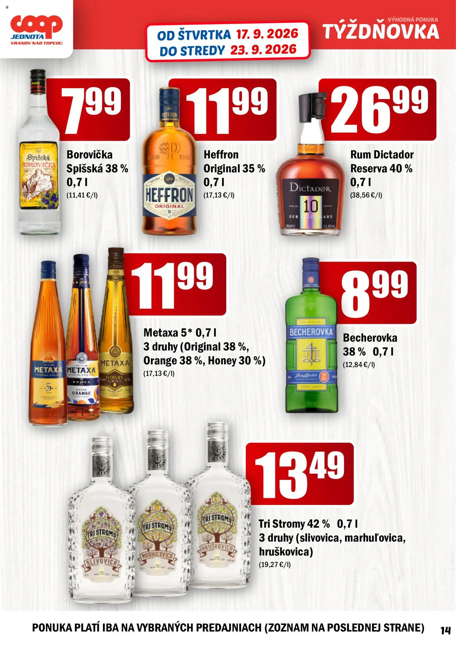 Nové COOP Jednota akcie – leták je platný od 17.09.2026 | Strana: 14 | Produkty: Borovička, Slivovica, Heffron rum, Rum