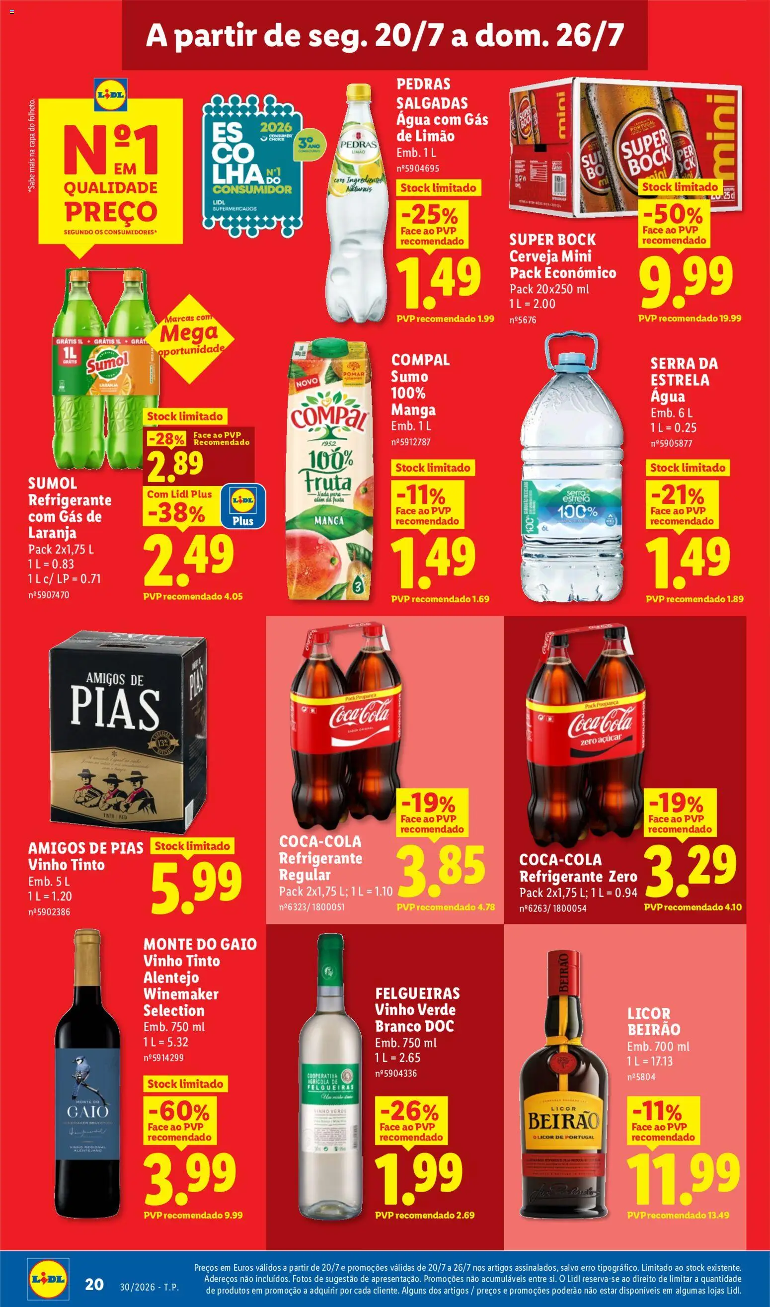 Lidl folheto │ válido de 20/07/2026 | Página: 20 | Produtos: Super bock, Sumo, Açúcar, Vinho tinto