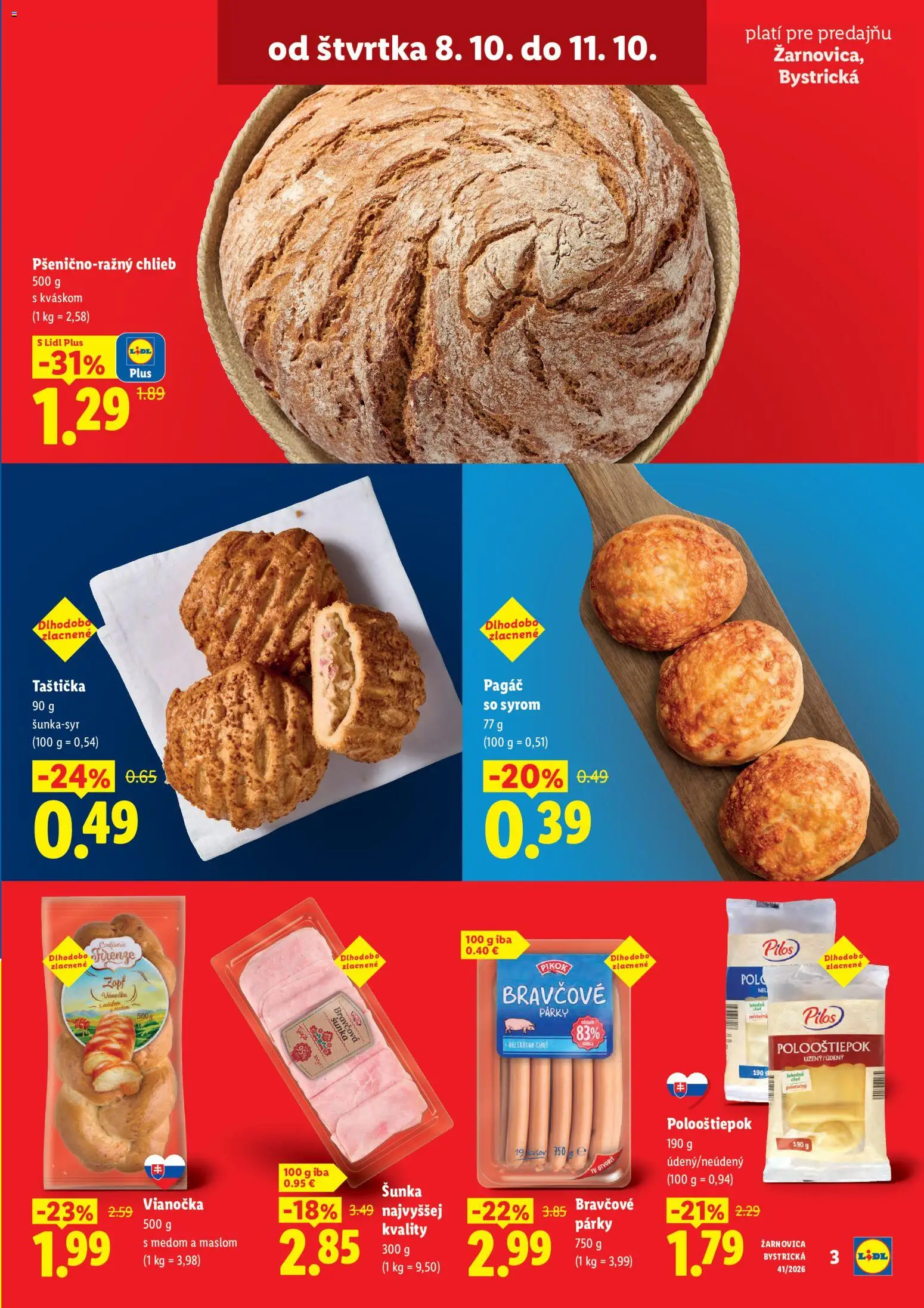 Nové Lidl akcie – leták je platný od 08.10.2026 | Strana: 3 | Produkty: Chlieb, Šunka, Vianočka, Párky