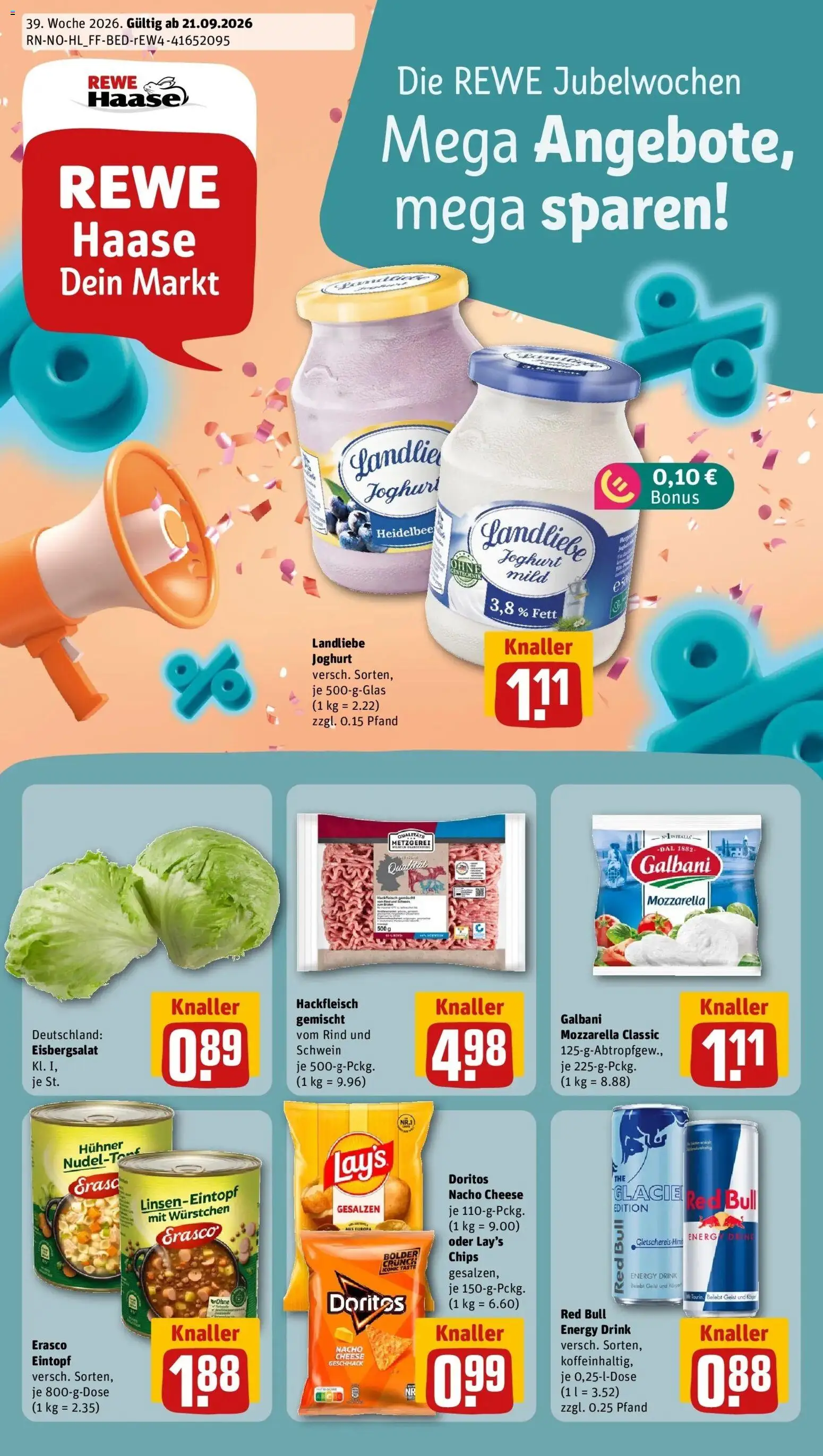 REWE Prospekt ab 21.09.2026 zum Blättern » Angebote | Seite: 1 | Produkte: Red bull, Joghurt, Mozzarella, Erasco