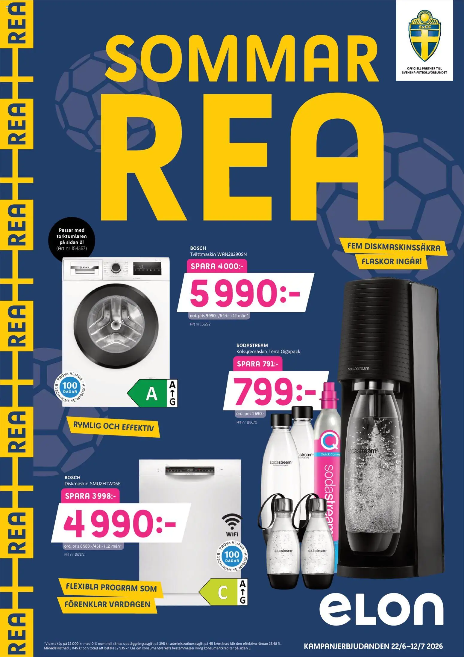 Elon reklamblad aktuell från 22/06/2026 | Sida: 1 | Produkter: Sodastream, Kolsyremaskin, Wifi, Tvättmaskin
