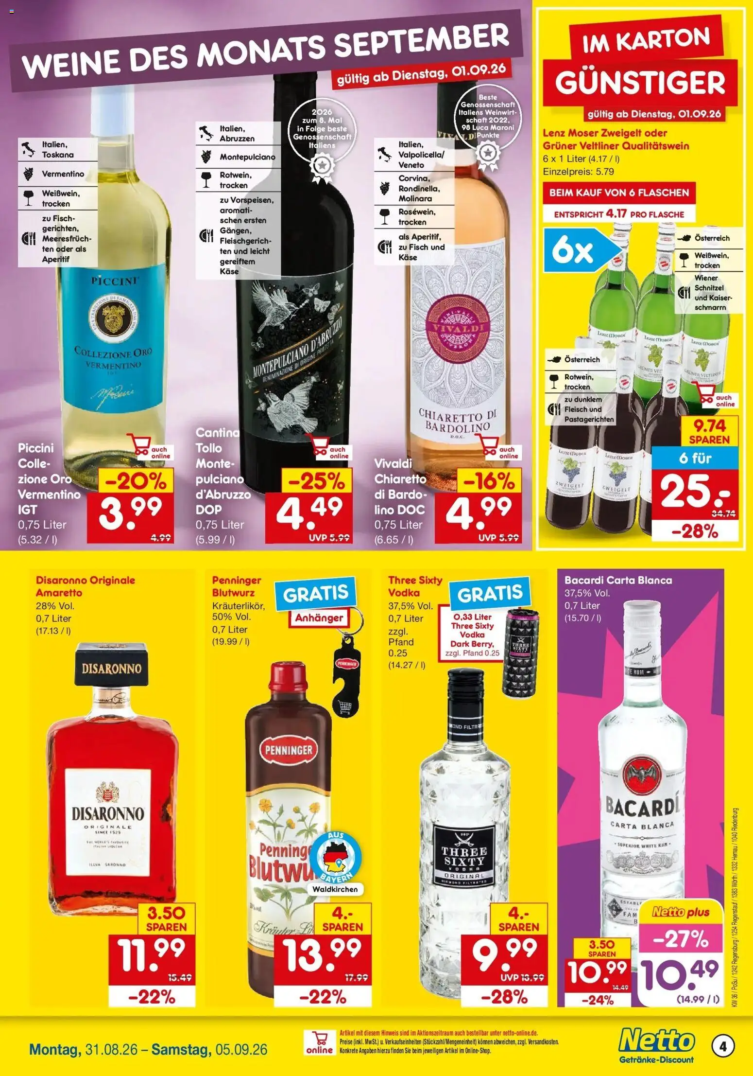 Netto Marken-Discount Prospekt Hemau (ab 31.08.2026) » Angebote | Seite: 4 | Produkte: Bacardi, Fisch, Vodka, Wodka