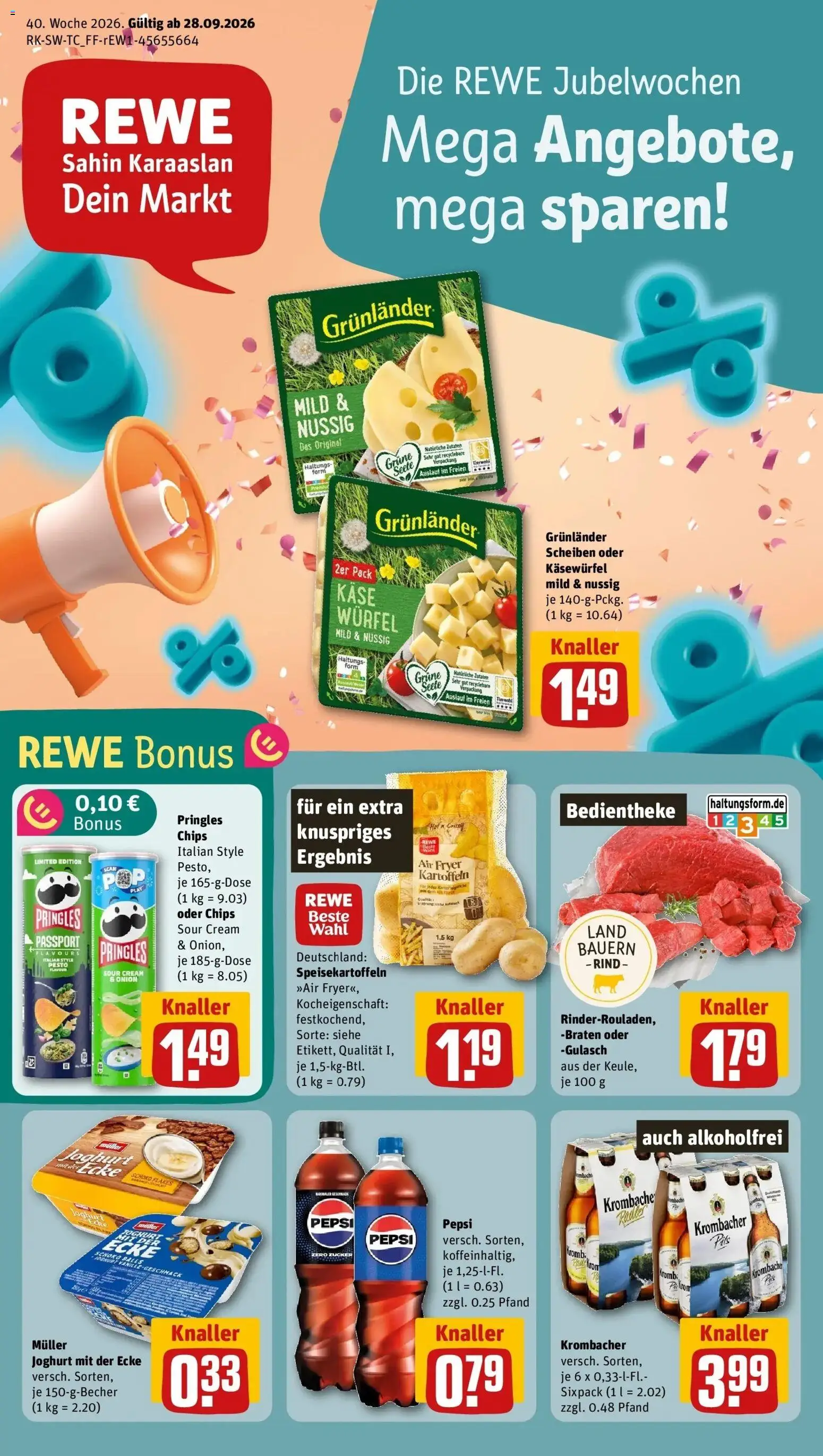 REWE Prospekt ab 28.09.2026 zum Blättern » Angebote | Seite: 1 | Produkte: Grunlander, Gulasch, Krombacher, Pringles