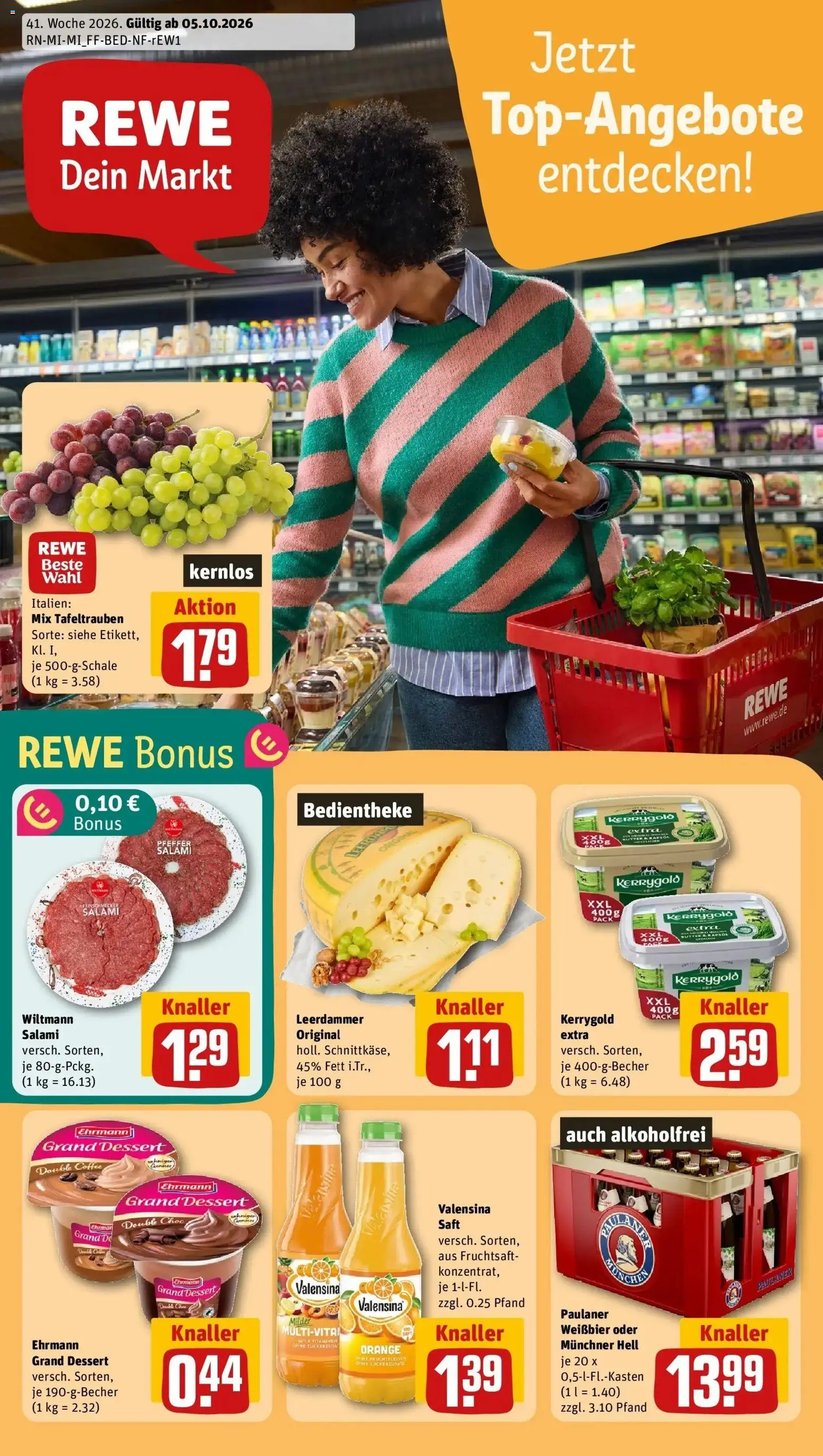 REWE Prospekt ab 05.10.2026 zum Blättern » Angebote | Seite: 1 | Produkte: Weißbier, Leerdammer, Fruchtsaft, Paulaner