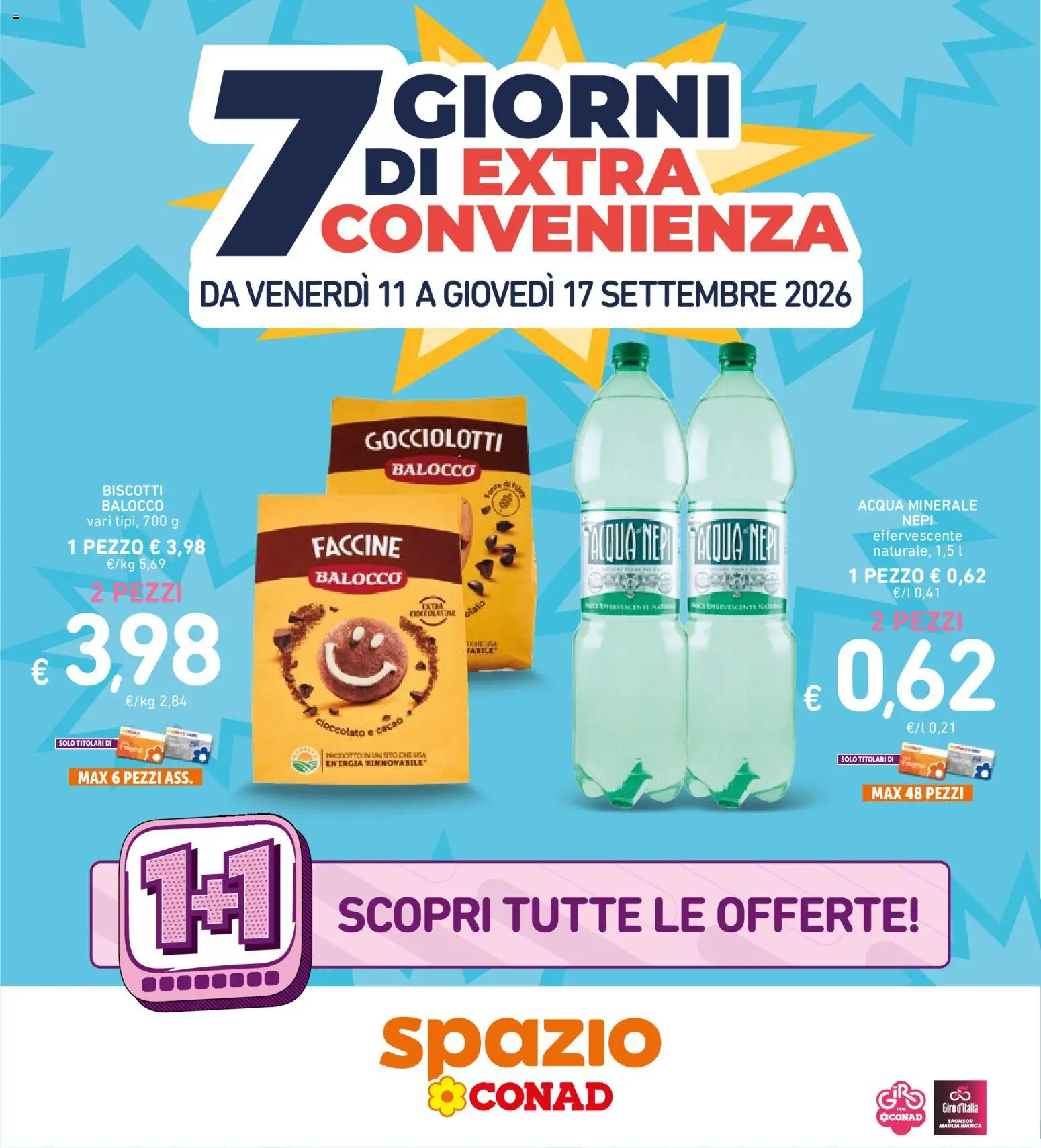 Volantino Spazio Conad del 11/09/2026 | Pagina: 1 | Prodotti: Biscotti, Acqua, Cacao, Acqua minerale