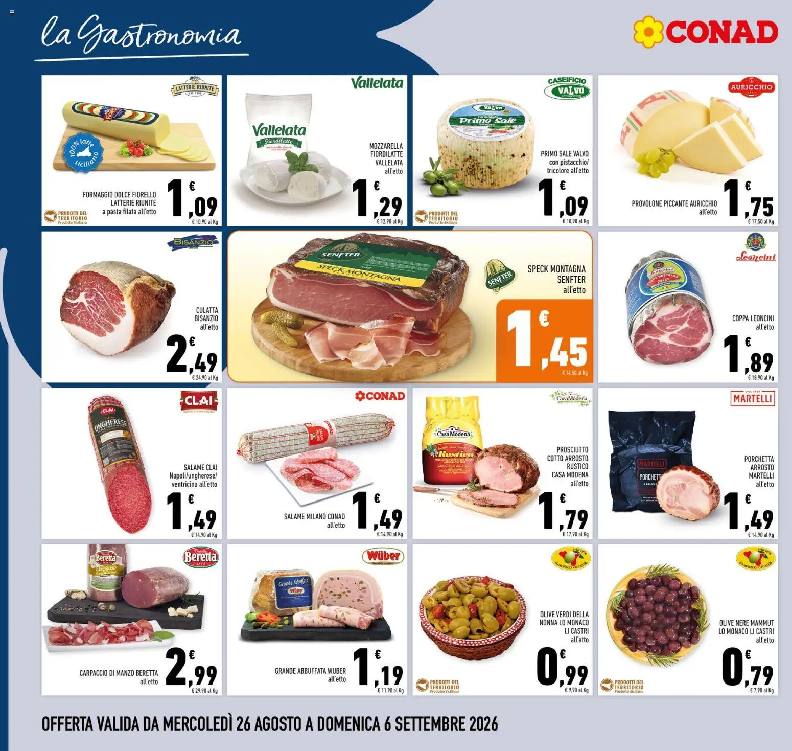 Volantino Conad del 26/08/2026 | Pagina: 4 | Prodotti: Carpaccio, Mozzarella, Pasta, Tonico