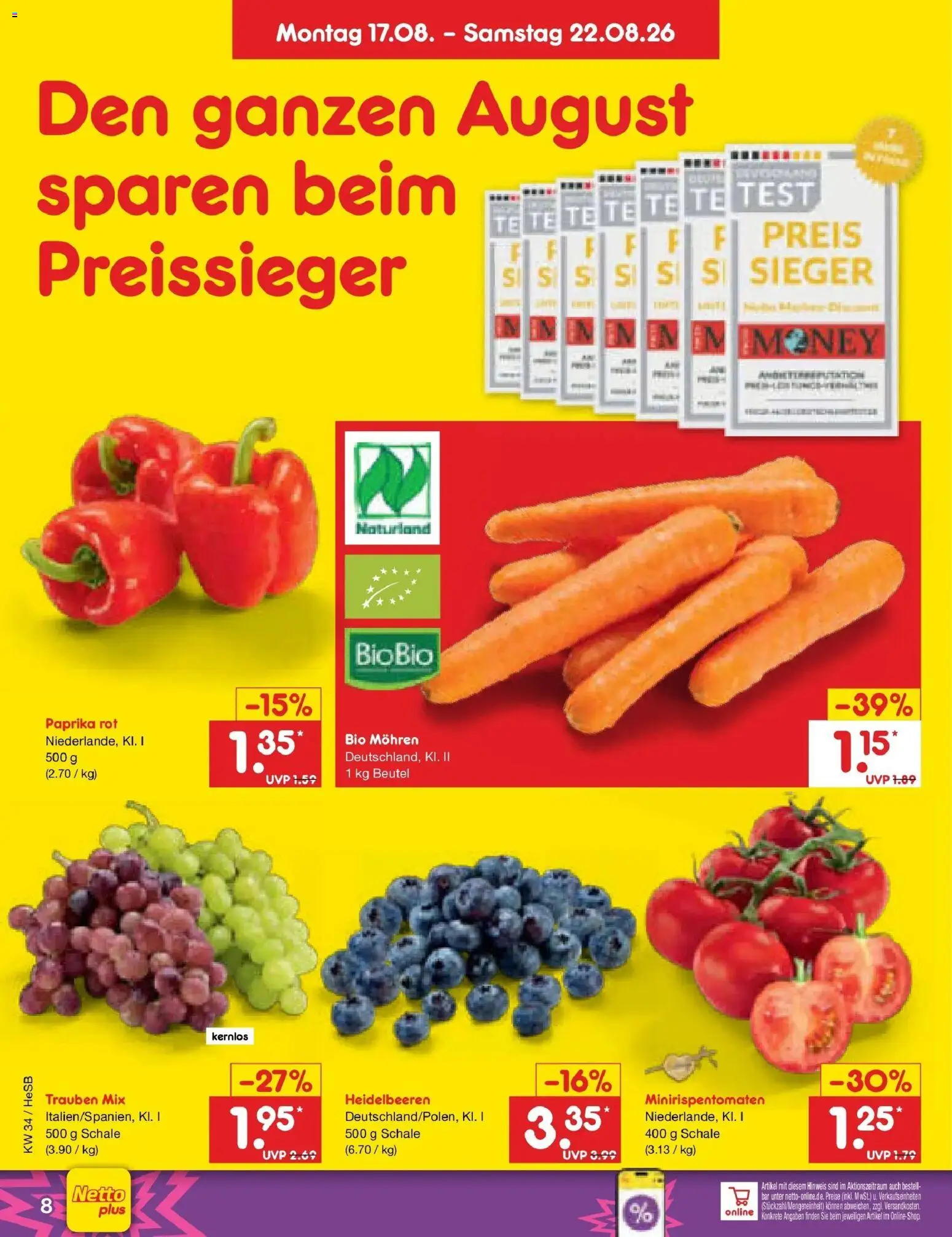 Netto Marken-Discount Prospekt Hamburg – gültig ab 17.08.2026 | Seite: 10 | Produkte: Trauben, Paprika rot, Mohren, Paprika
