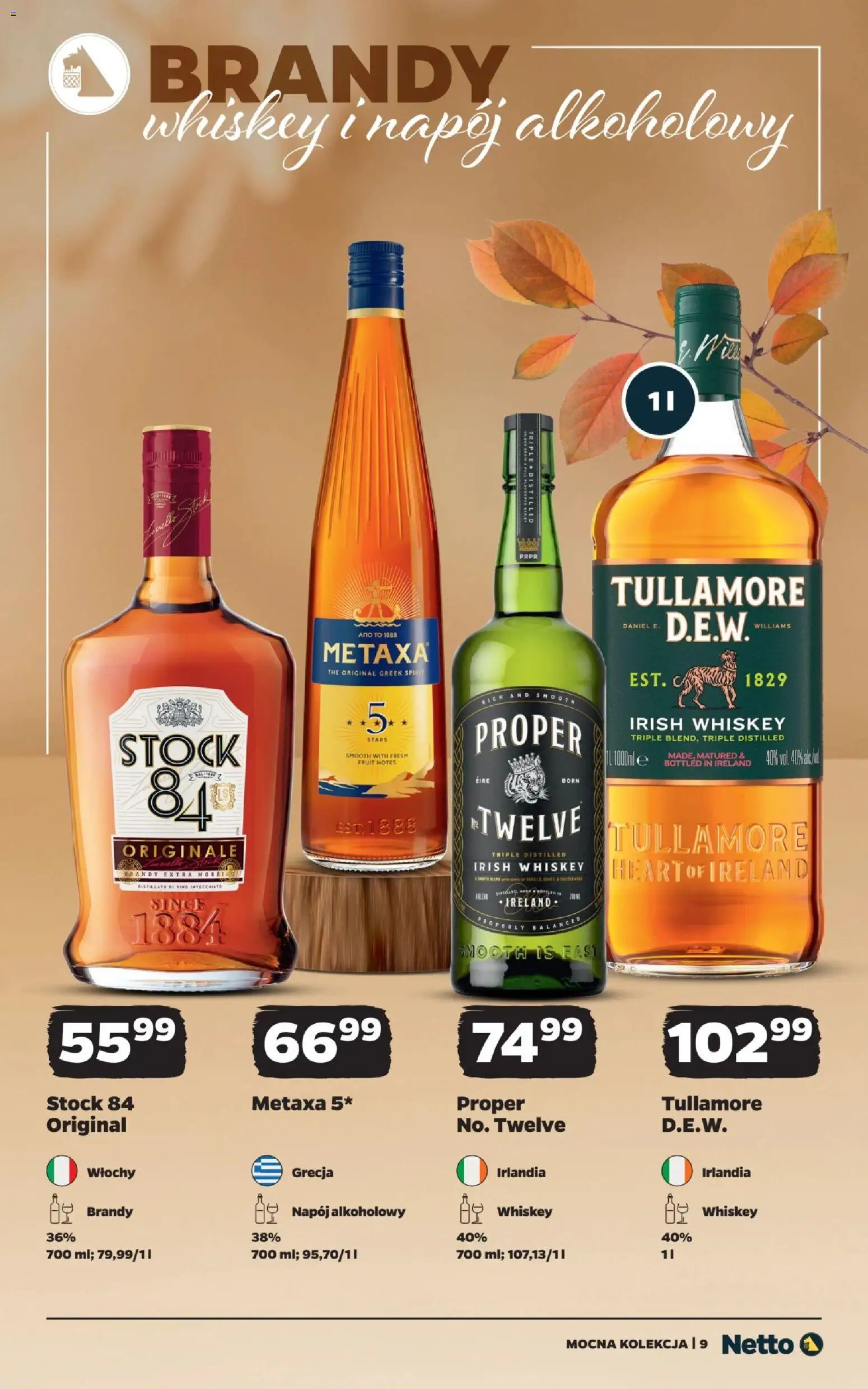 Netto gazetka - Mocne alkohole od 25.10.2026 | Strona: 9 | Produkty: Metaxa 5*, Irish whiskey, Metaxa, Brandy