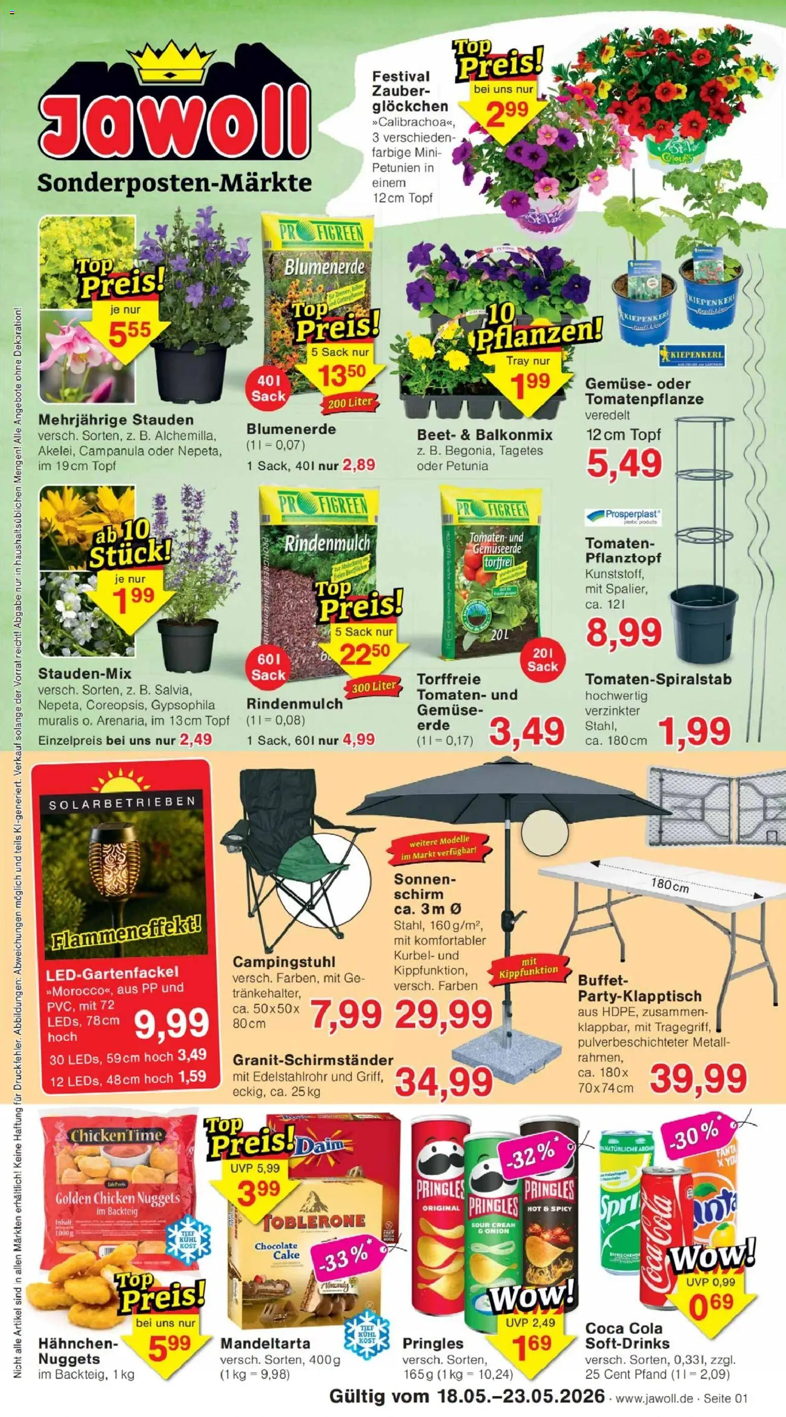 Jawoll Prospekt – gültig ab 18.05.2026 | Seite: 1 | Produkte: Rindenmulch, Cola, Tomaten, Pringles