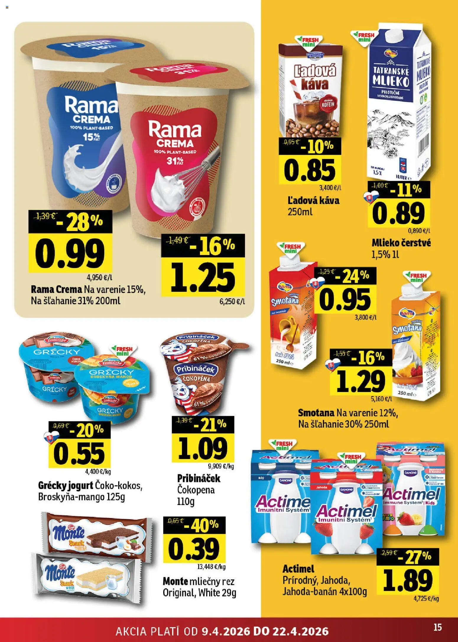 Nové Fresh akcie – leták je platný od 09.04.2026 | Strana: 15 | Produkty: Mlieko, Jogurt, Smotana, Actimel