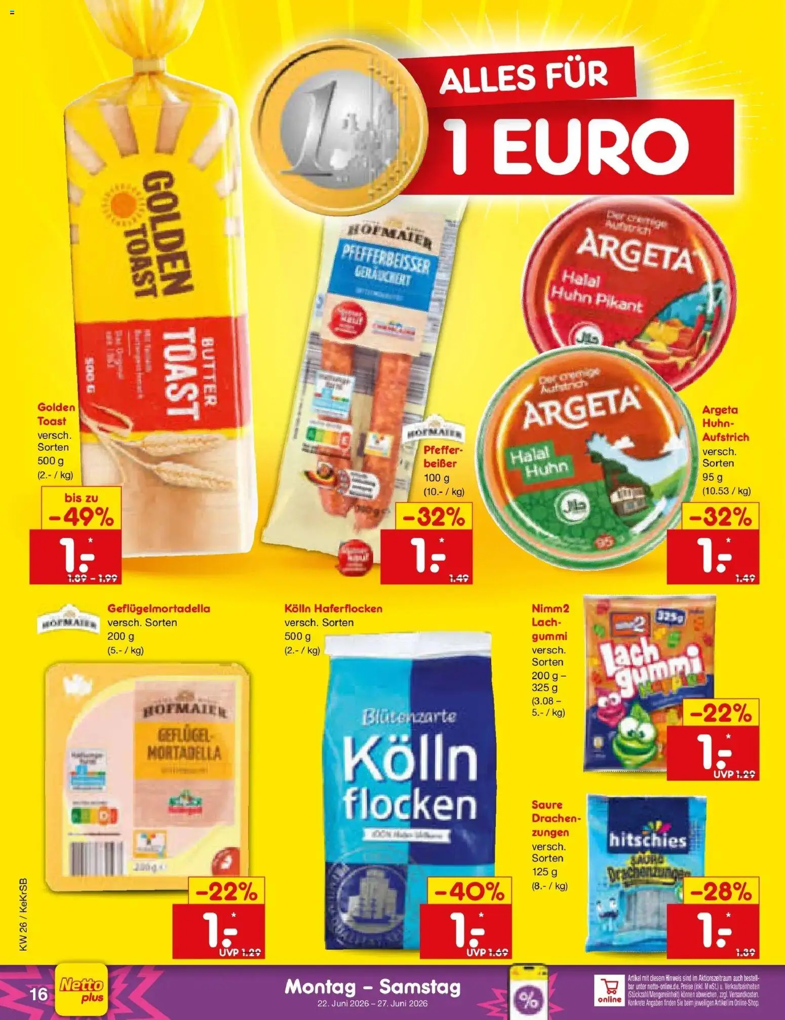 Netto Marken-Discount Prospekt Jüchen – gültig ab 21.06.2026 | Seite: 20 | Produkte: Kolln haferflocken, Butter, Toast, Flocken