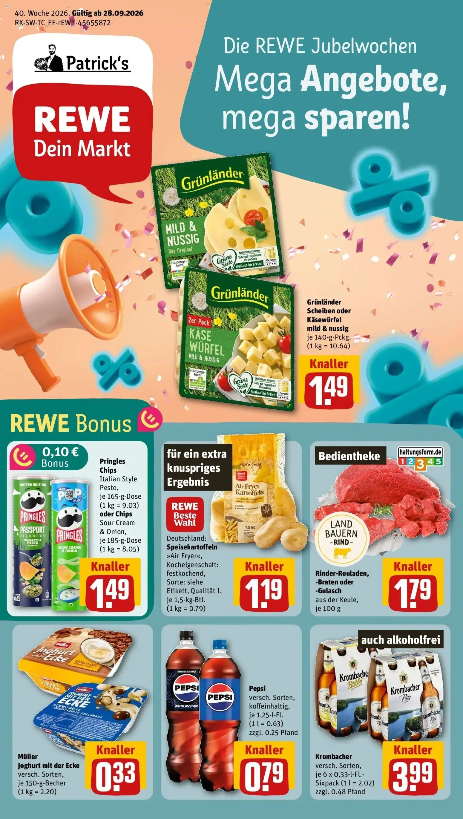 REWE Prospekt ab 28.09.2026 zum Blättern » Angebote | Seite: 1 | Produkte: Zucker, Krombacher, Pepsi, Chips