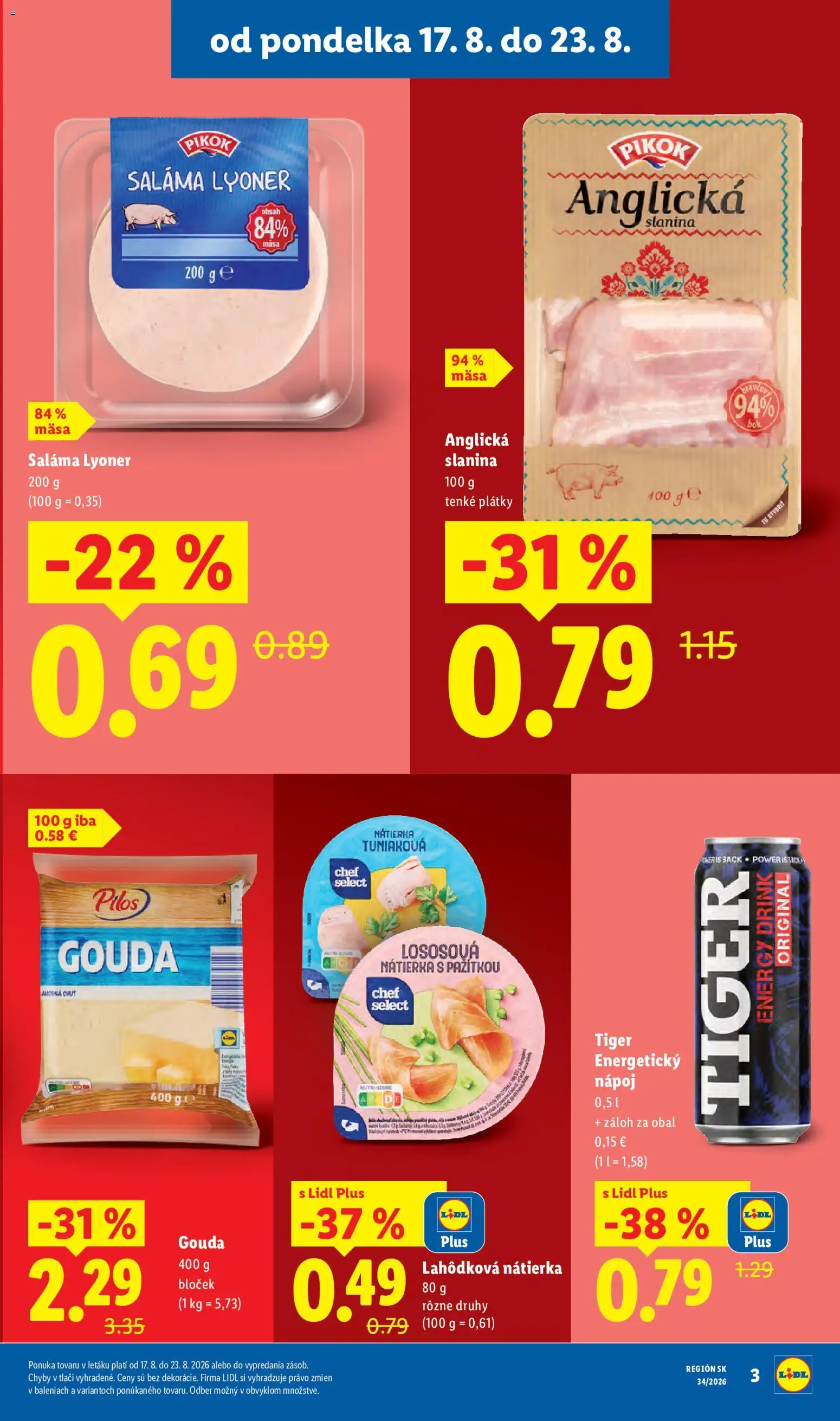 Nové Lidl akcie – leták je platný od 17.08.2026 | Strana: 3 | Produkty: Saláma, Slanina, Anglická slanina, Nátierka