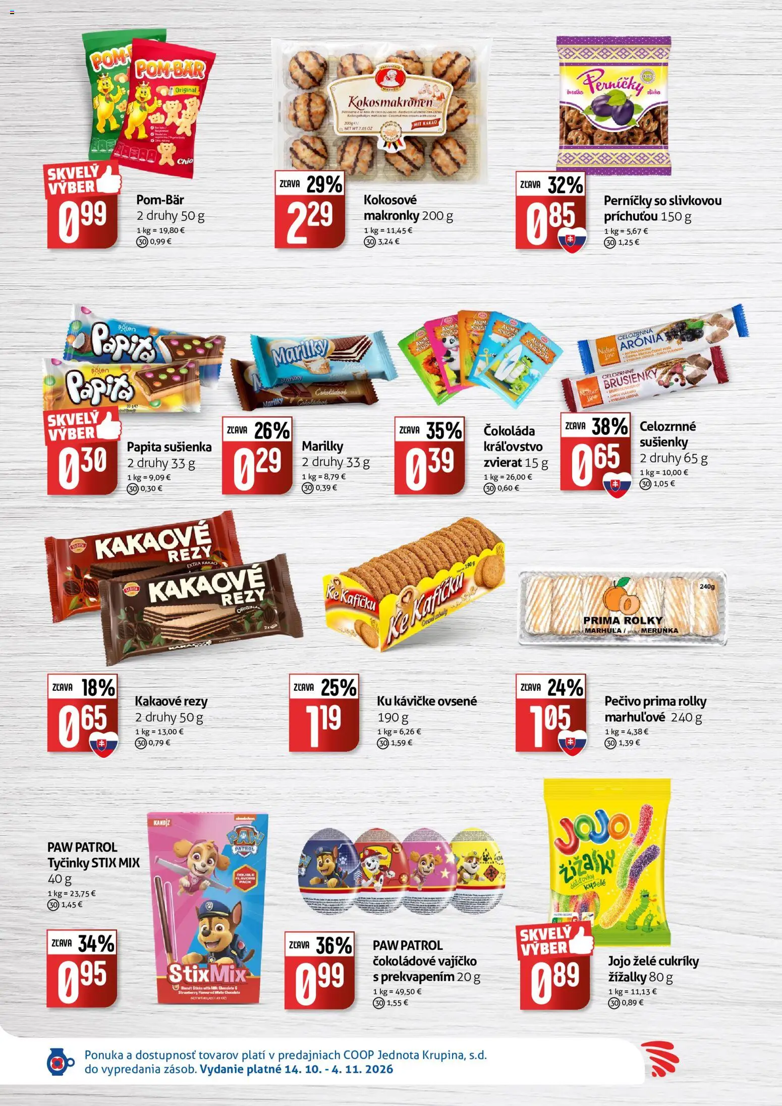Nové COOP Jednota akcie – leták je platný od 14.10.2026 | Strana: 6 | Produkty: Čokoláda, Čokoládové vajíčko, Cukríky, Pečivo