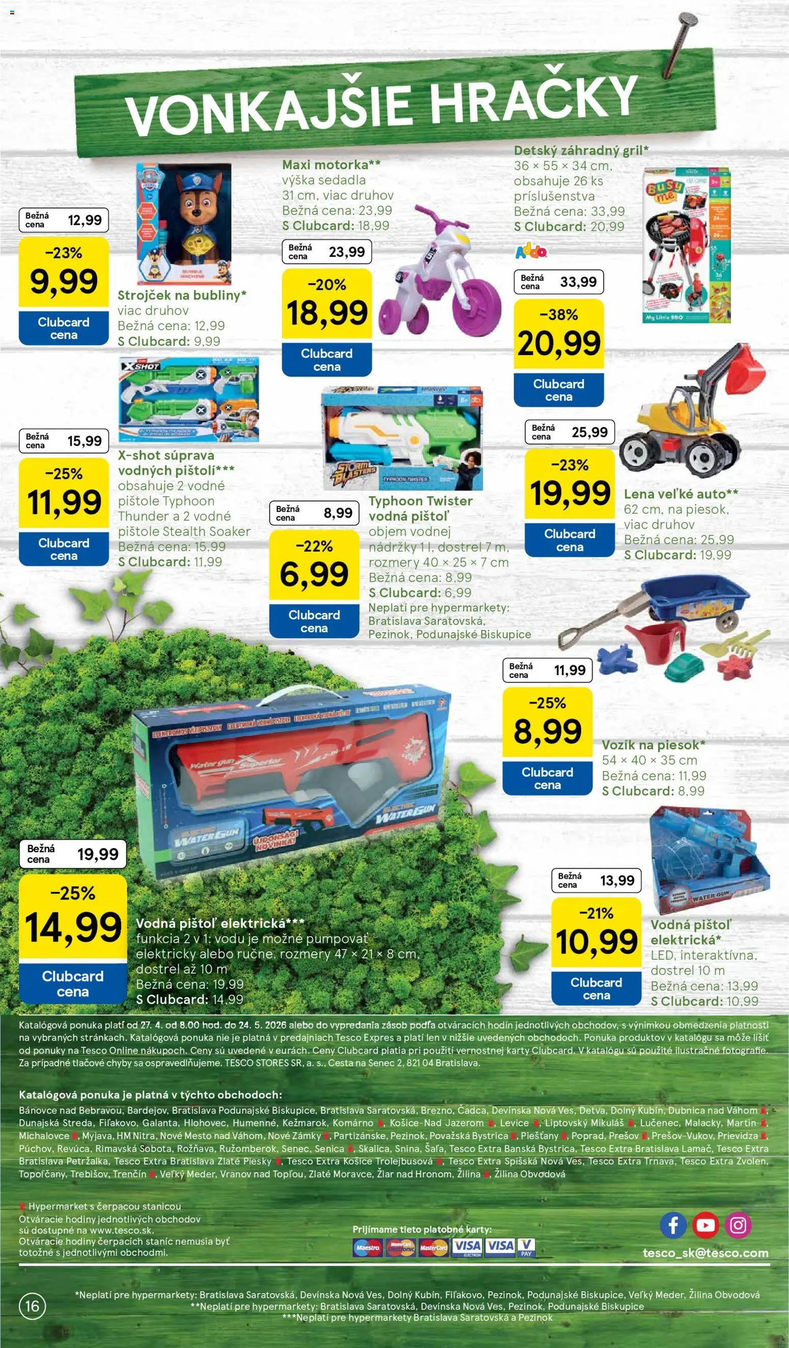 Nové Tesco akcie – leták je platný od 27.04.2026 | Strana: 16 | Produkty: Hodiny, Strojček, Hračky