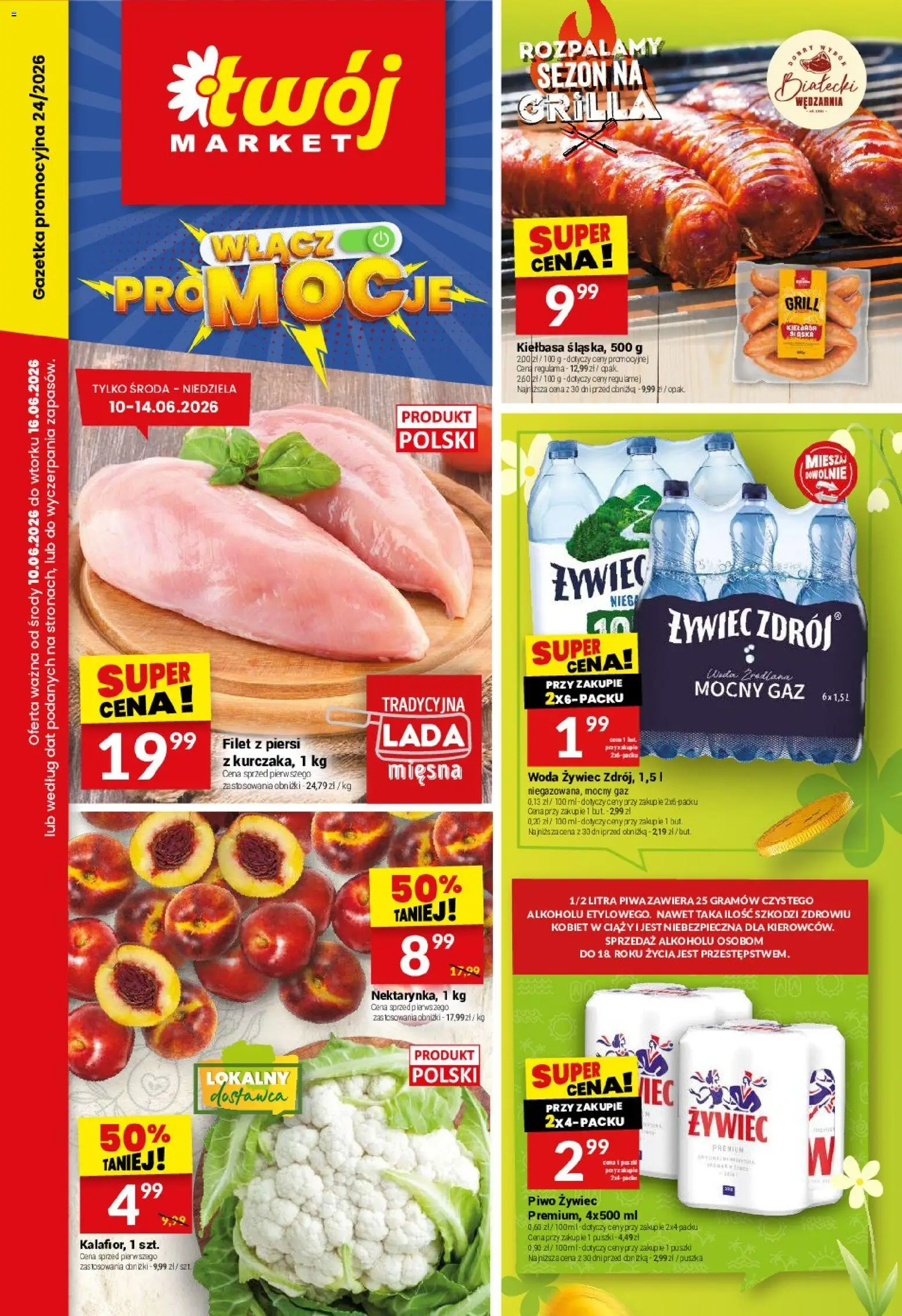 Twój Market gazetka od 10.06.2026 | Strona: 1 | Produkty: Woda żywiec, Kiełbasa śląska, Piwo, Woda