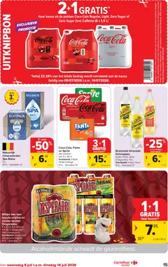 Coca-Cola, Fanta en Sprite, alle soorten van 6 x 33 cl - Voorbeeld van een folder van Carrefour, geldig van 08/07/2026 | Pagina: 15 | Producten: Bier, Zsalukő, Fanta, Limonade