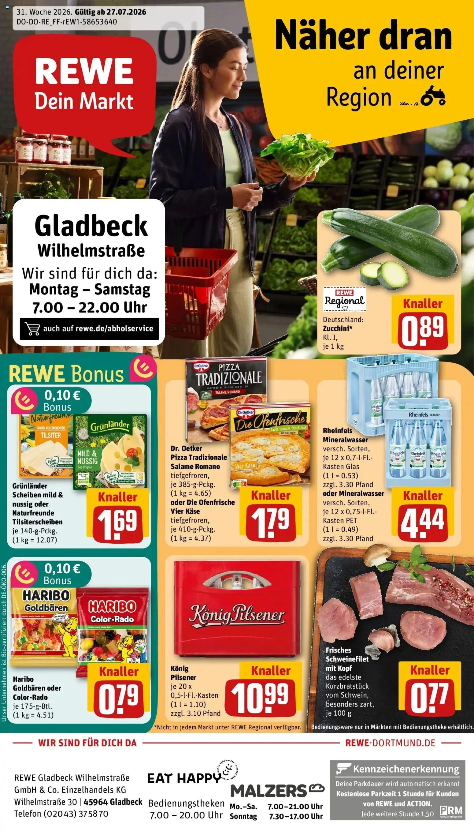 Rewe Prospekt Gladbeck – gültig ab 27.07.2026 | Seite: 1 | Produkte: Schweinefilet, Grunlander, Pizza, Telefon