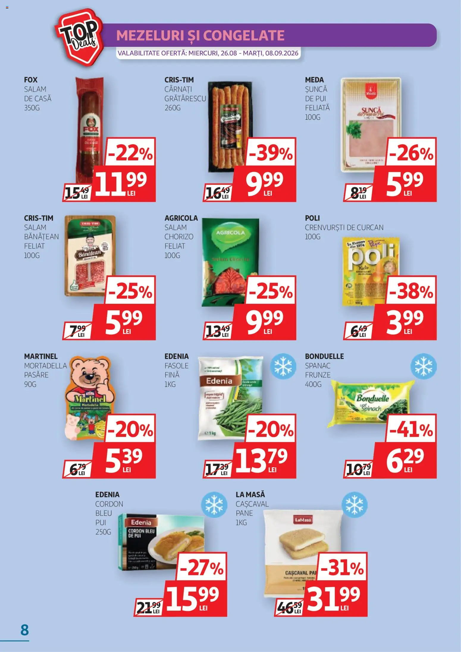 Noul catalog Auchan – valabil de la 26.08.2026 | Pagină: 8 | Produse: Crenvurști, Spanac, Salam, Cârnați