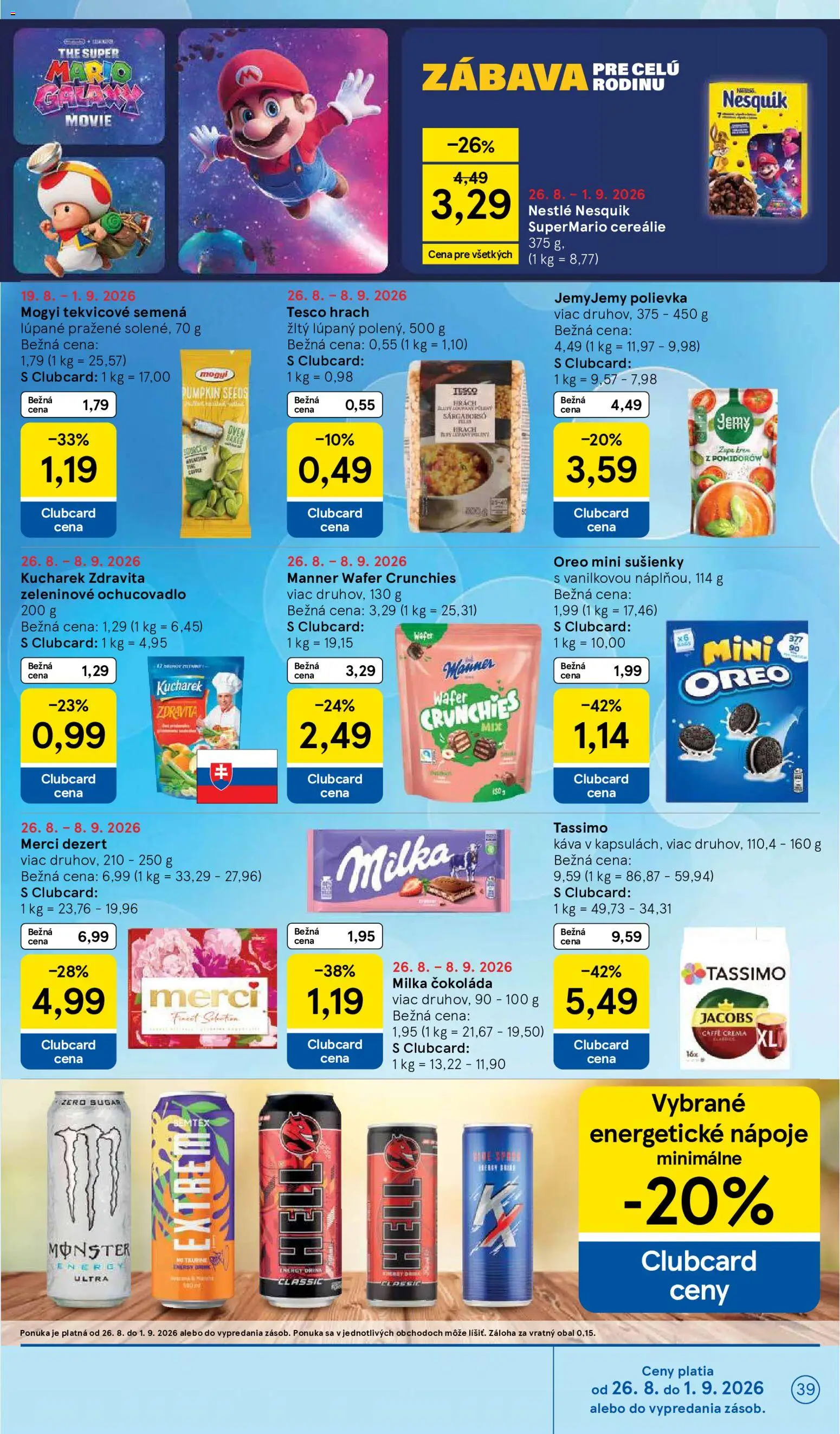 Nové Tesco akcie – leták je platný od 26.08.2026 | Strana: 39 | Produkty: Sušienky, Hrach, Oreo, Dezert