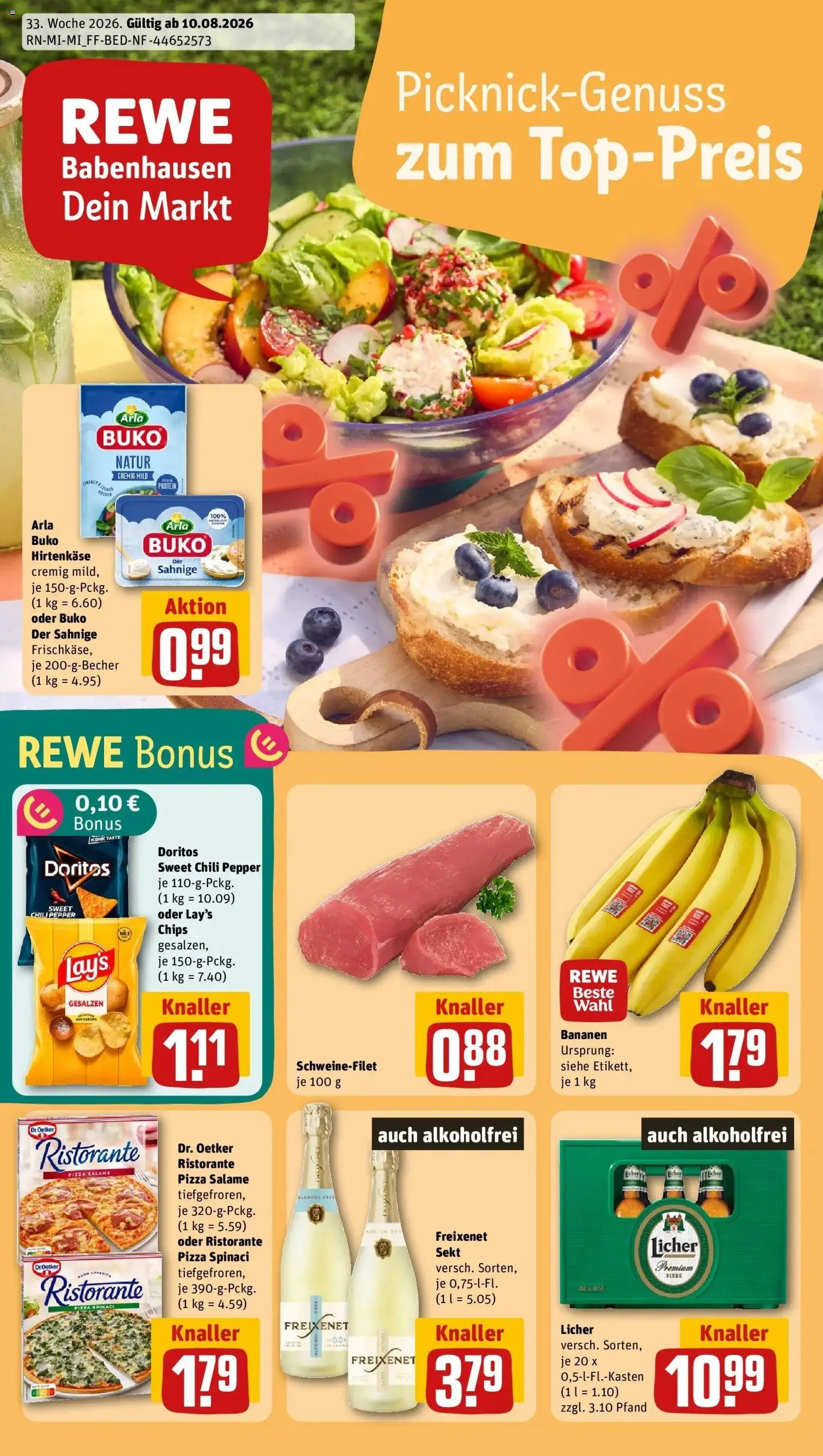 REWE Prospekt ab 10.08.2026 zum Blättern » Angebote | Seite: 1 | Produkte: Schweinefilet, Arla buko, Chili, Pizza