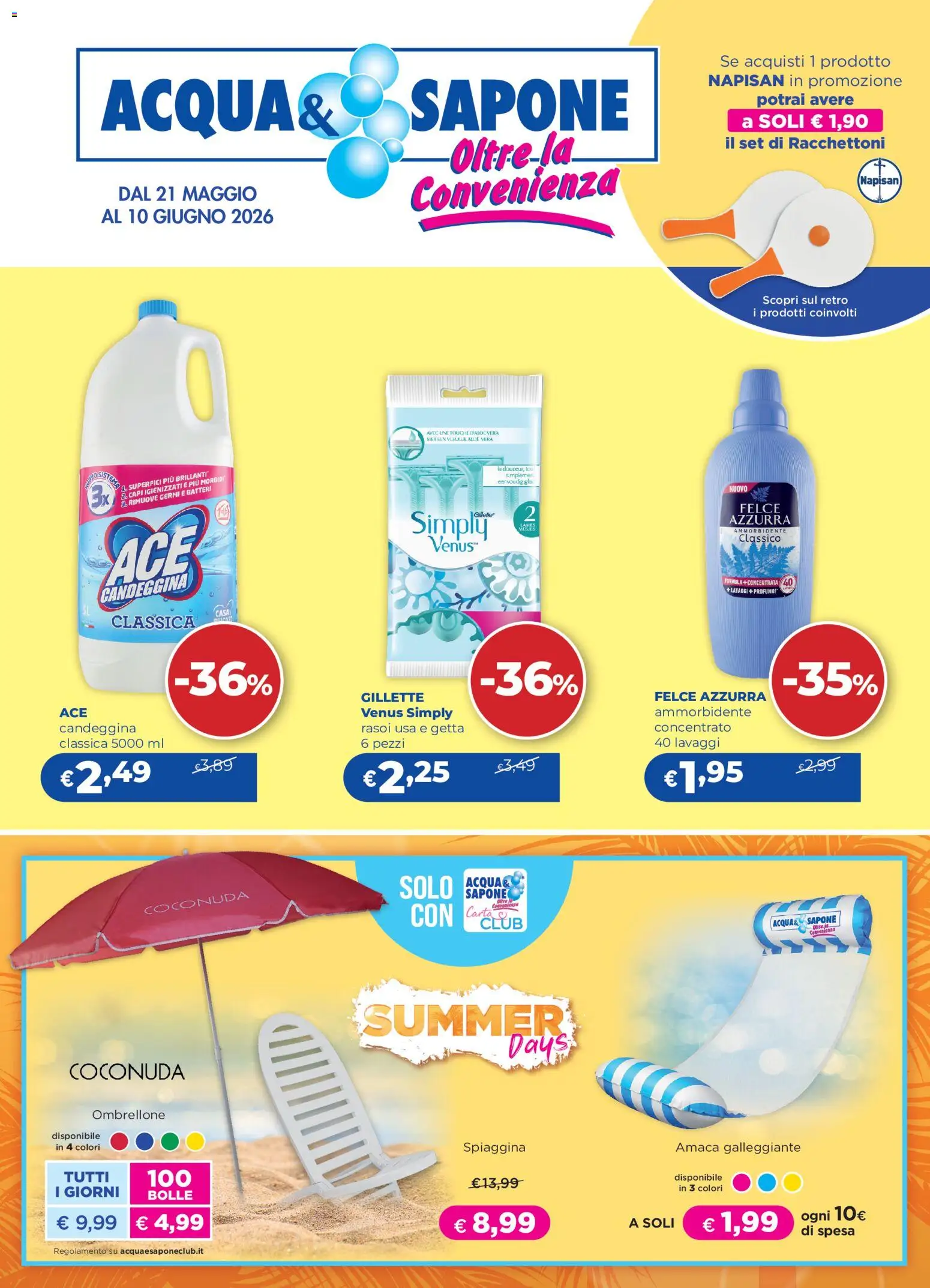 Volantino Acqua e Sapone del 21.05.2026 | Pagina: 1 | Prodotti: Sapone, Ammorbidente, Candeggina, Amaca