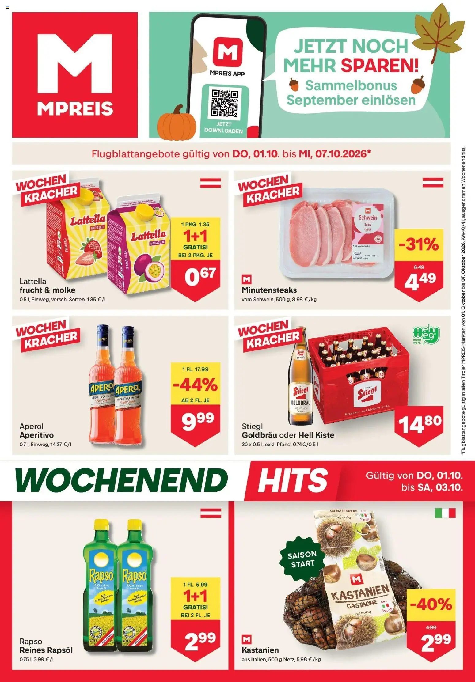 MPREIS Pfunds von 01.10.2026 - Aktuelle Angebote | Seite: 1 | Produkte: Aperol, Rapsöl