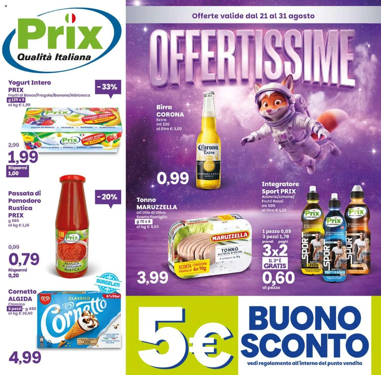 Volantino Prix del 21/08/2026 | Pagina: 1 | Prodotti: Yogurt, Limone, Passata di pomodoro, Tonno