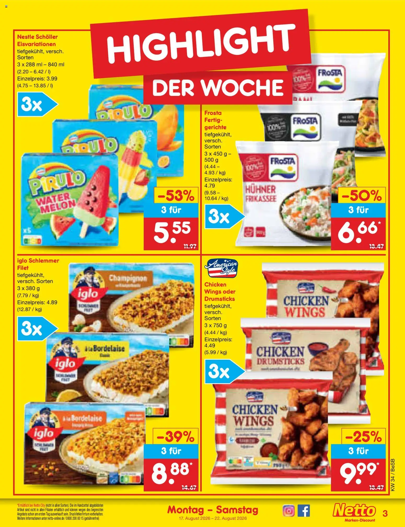 Netto Marken-Discount Prospekt – gültig ab 17.08.2026 | Seite: 3 | Produkte: Iglo, Frosta, Gerichte
