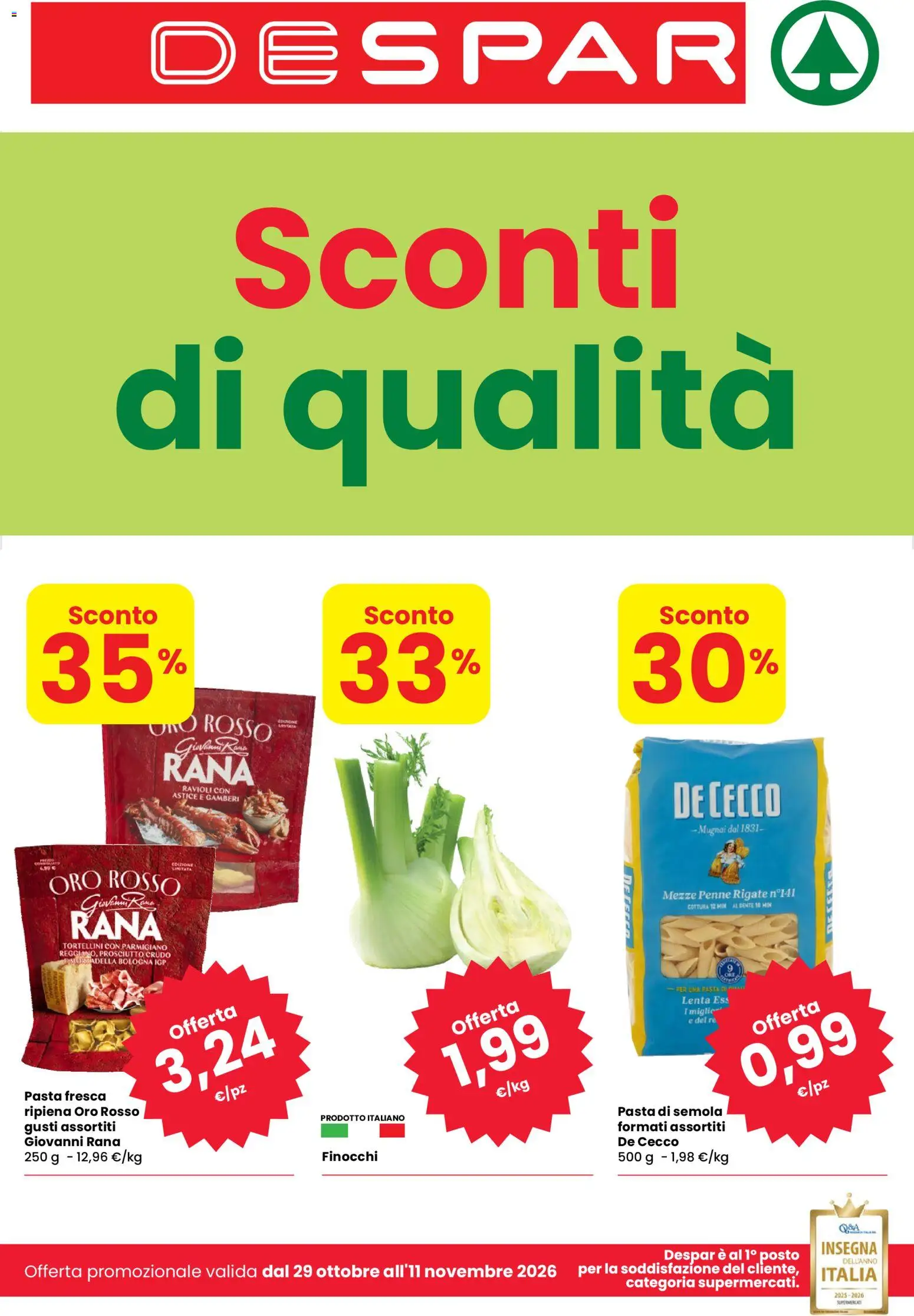 Volantino Despar del 29/10/2026 | Pagina: 1 | Prodotti: Pasta di semola, Prosciutto, Finocchi, Parmigiano