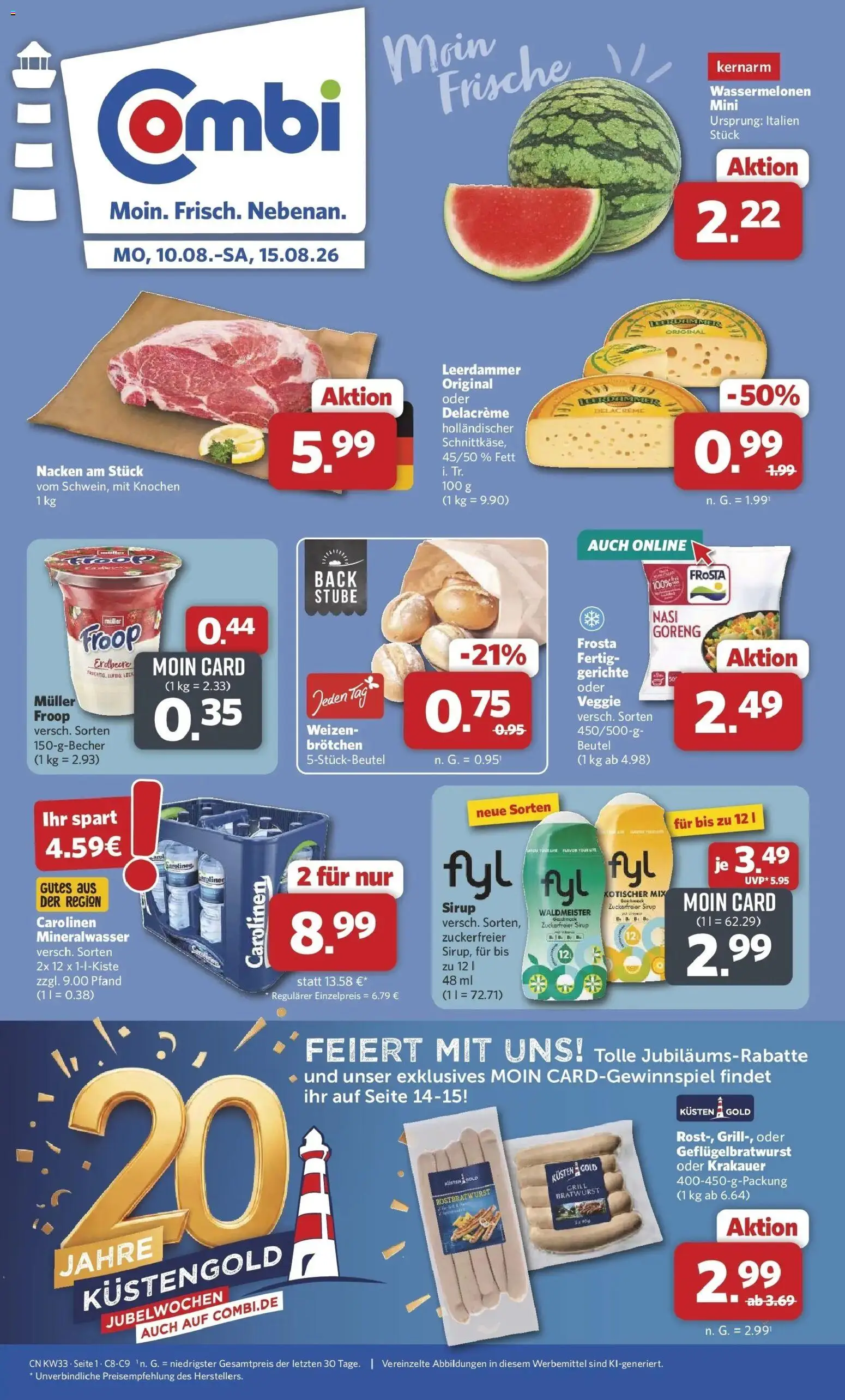 Combi Prospekt Altenbeken (ab 10.08.2026) zum Blättern | Seite: 1 | Produkte: Bratwurst, Sirup, Frosta, Gerichte