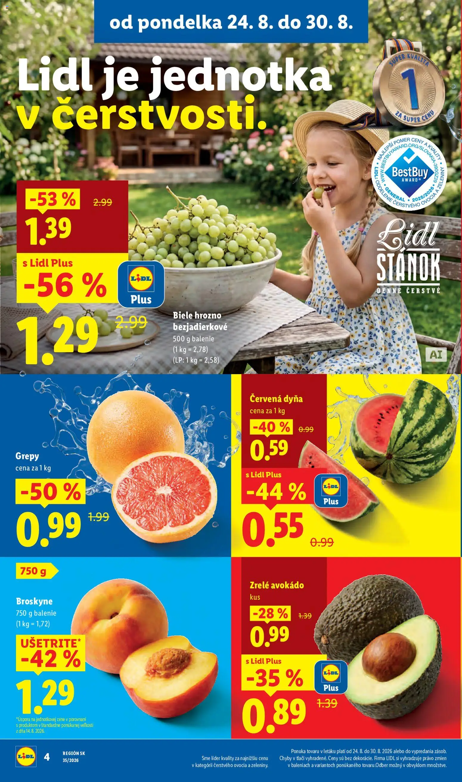 Nové Lidl akcie – leták je platný od 24.08.2026 | Strana: 8 | Produkty: Avokádo, Grapefruit, Broskyne, Hrozno