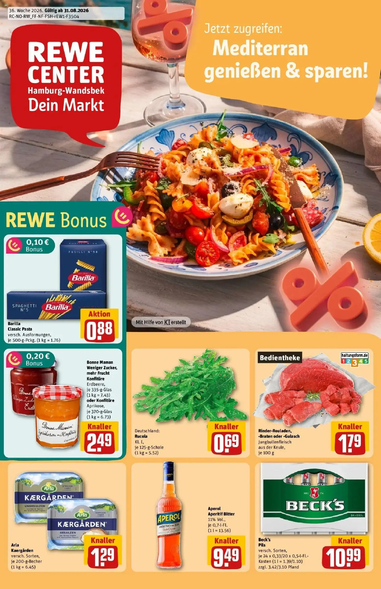 REWE Prospekt ab 31.08.2026 zum Blättern » Angebote | Seite: 1 | Produkte: Butter, Barilla, Pils, Pasta