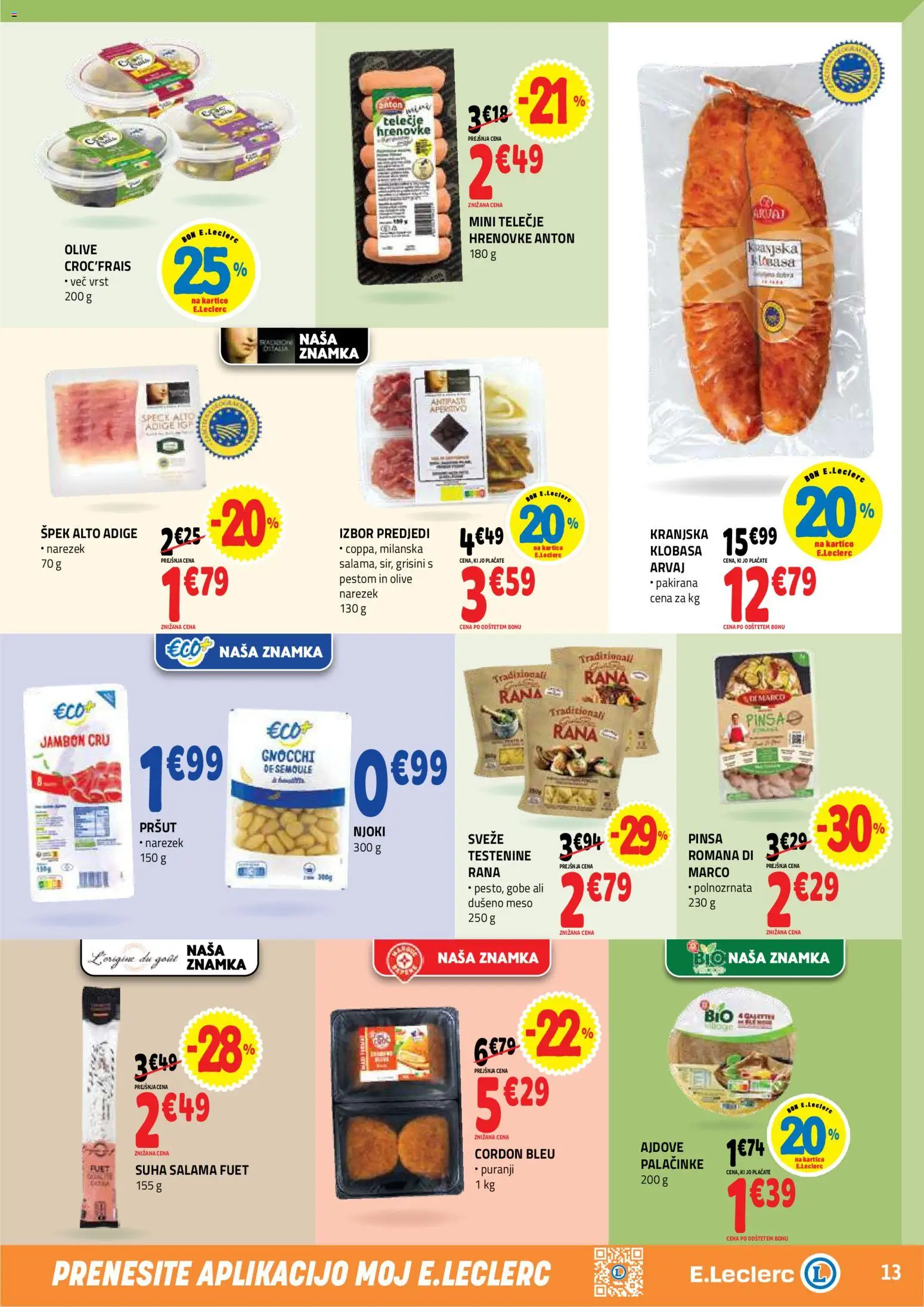 Novi E.leclerc katalog ponudbe – veljaven od 01.07.2026 | Stran: 13 | Izdelki: Palačinke, Olive, Njoki, Salama