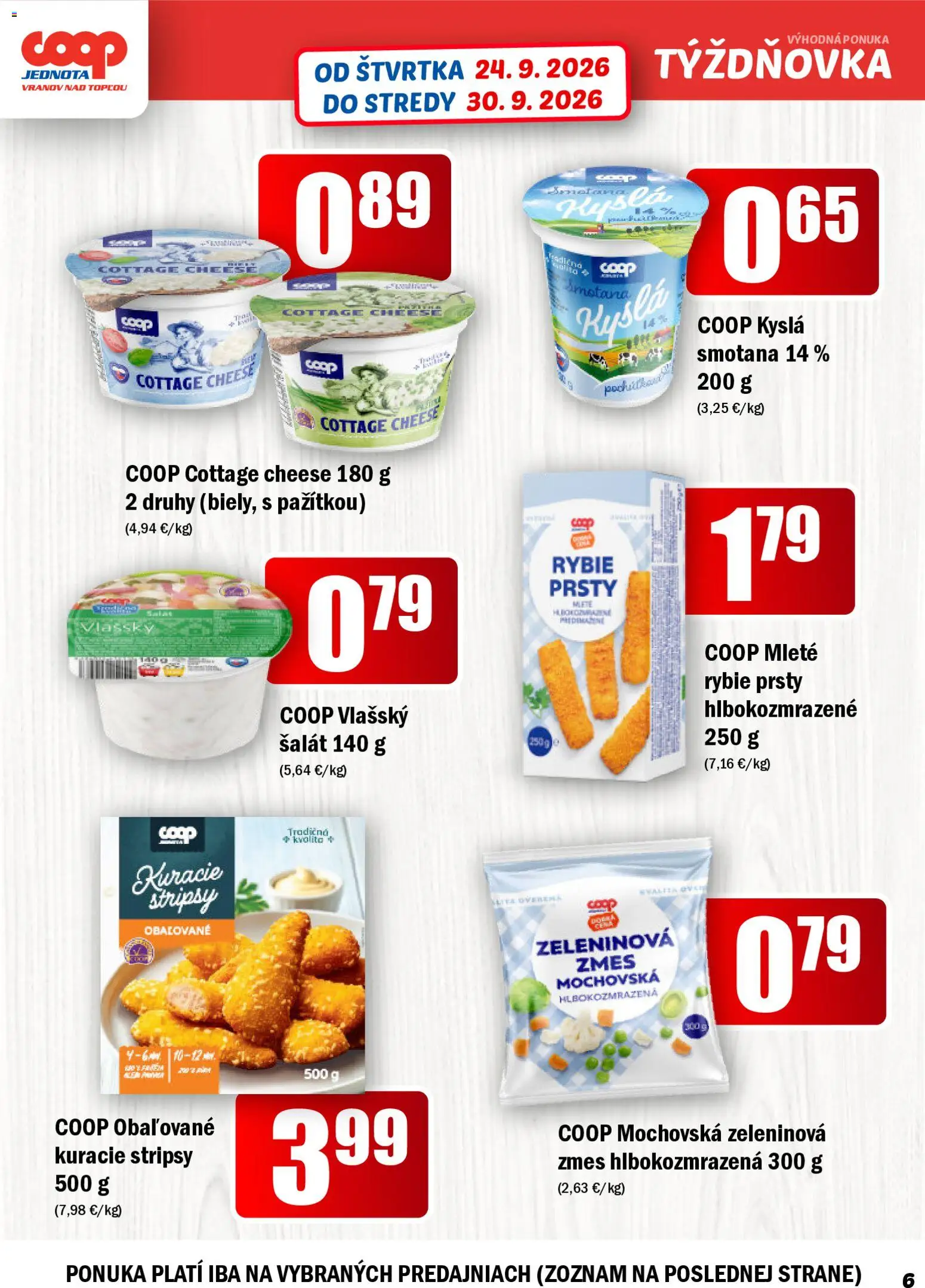 Nové COOP Jednota akcie – leták je platný od 24.09.2026 | Strana: 6 | Produkty: Rybie prsty, Smotana, Cottage cheese, Kyslá smotana