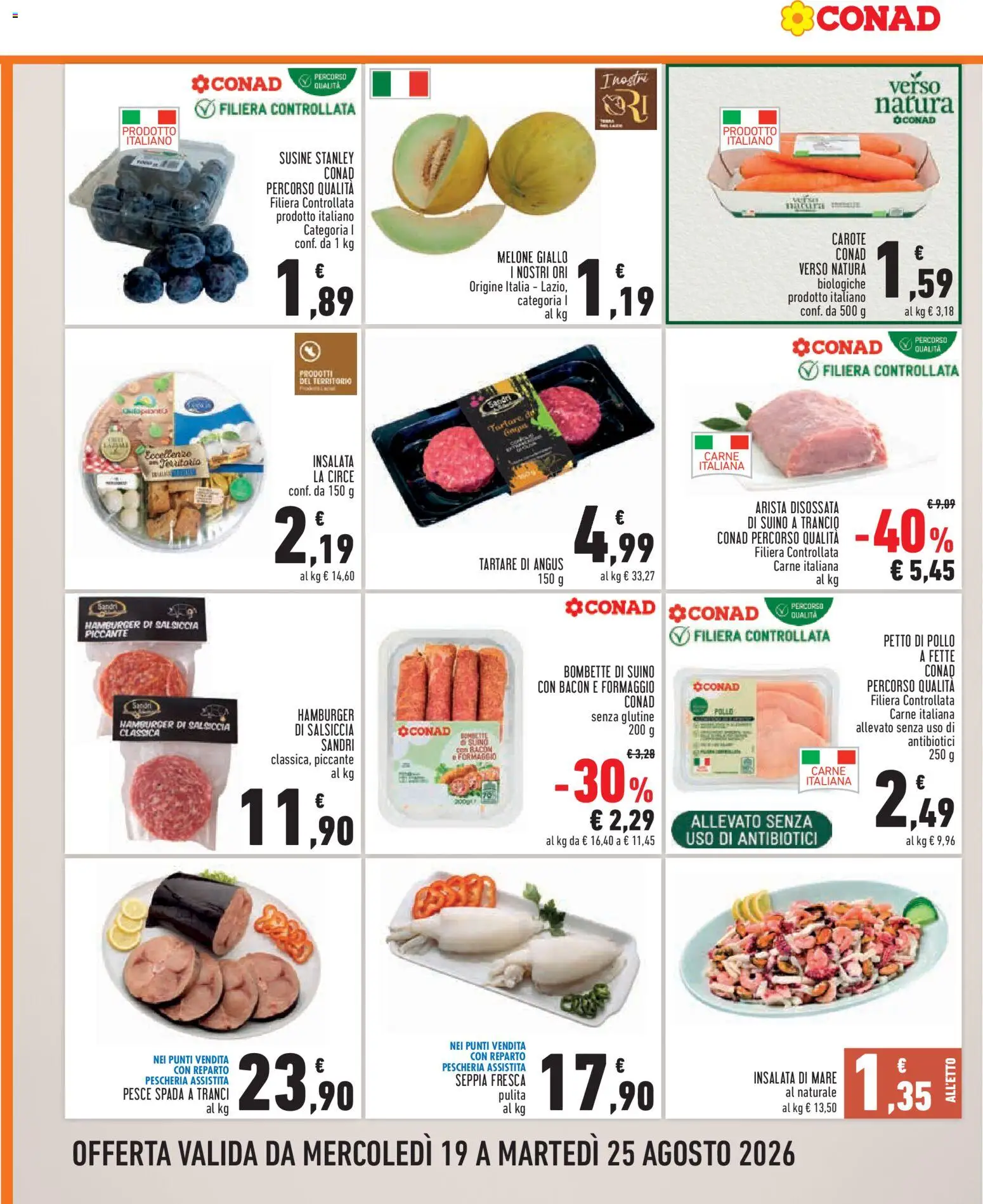 Volantino Conad del 19/08/2026 | Pagina: 2 | Prodotti: Pesce, Insalata, Suino, Susine