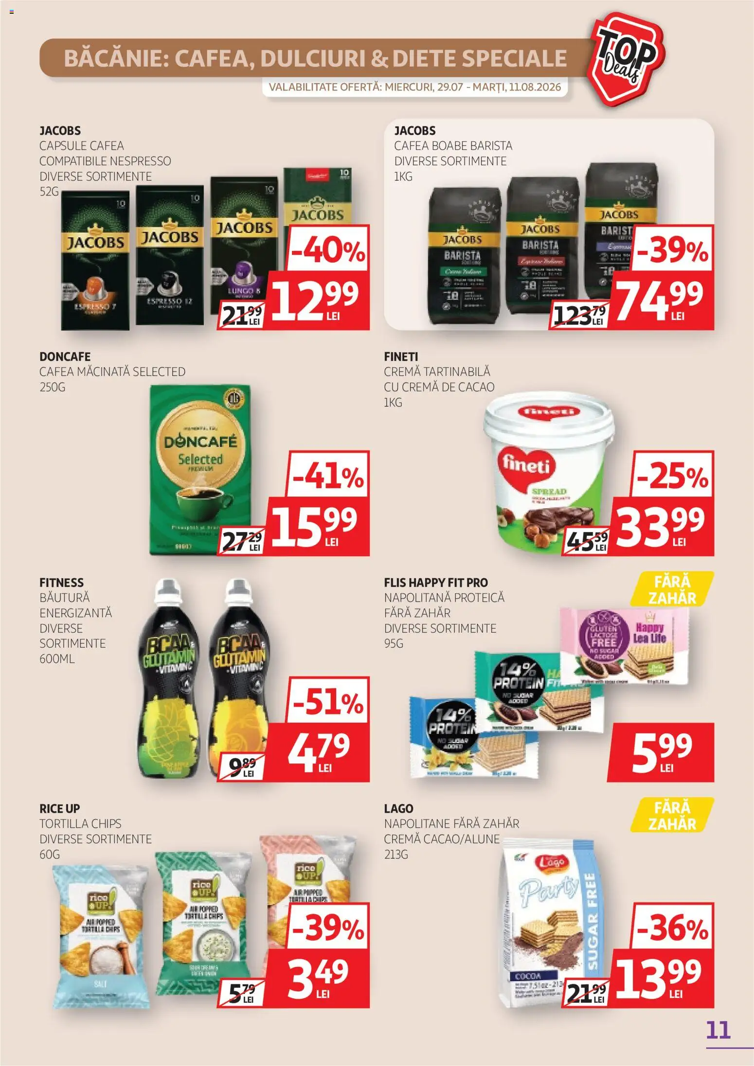 Noul catalog Auchan – valabil de la 29.07.2026 | Pagină: 11 | Produse: Napolitane, Jacobs, Crema de cacao, Zahăr