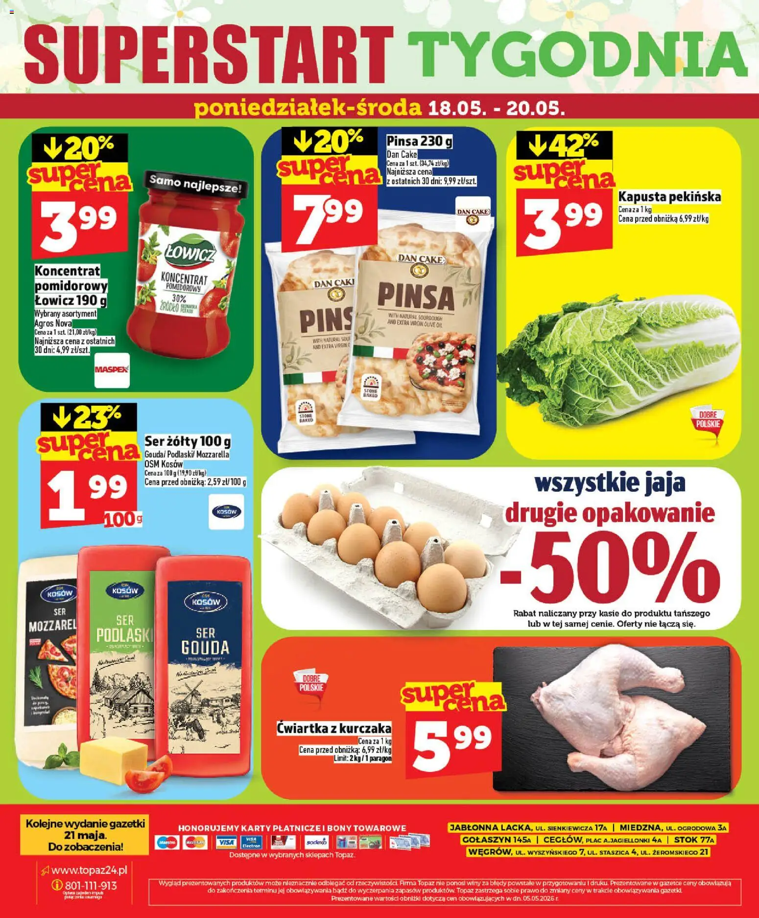 Topaz gazetka - Ceny małe na stałe od 14.05.2026 | Strona: 54 | Produkty: Ser żółty, Kapusta, Pinsa, Jaja