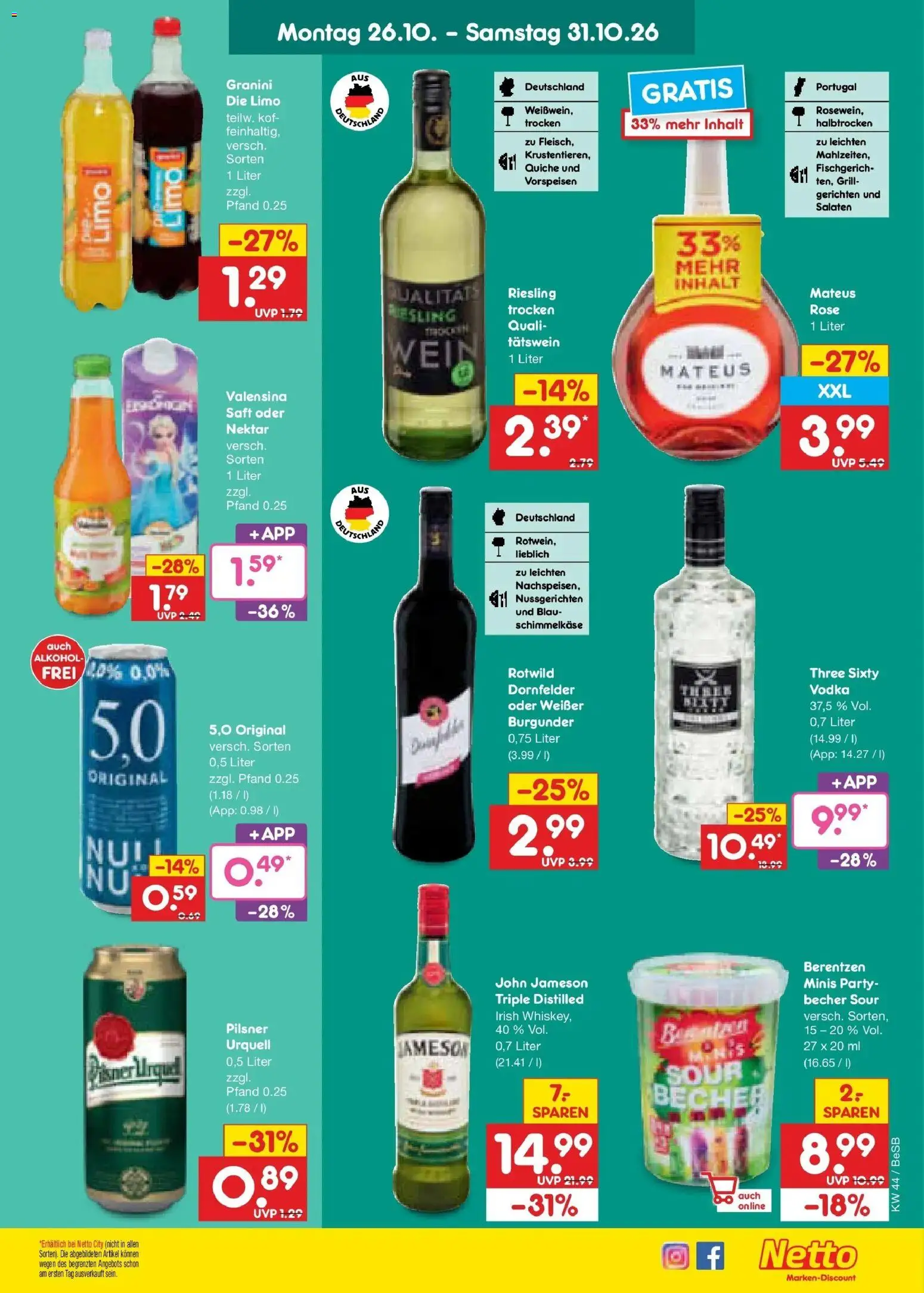 Netto Marken-Discount Prospekt – gültig ab 28.10.2026 | Seite: 52 | Produkte: Jameson, Valensina, Wein, Berentzen