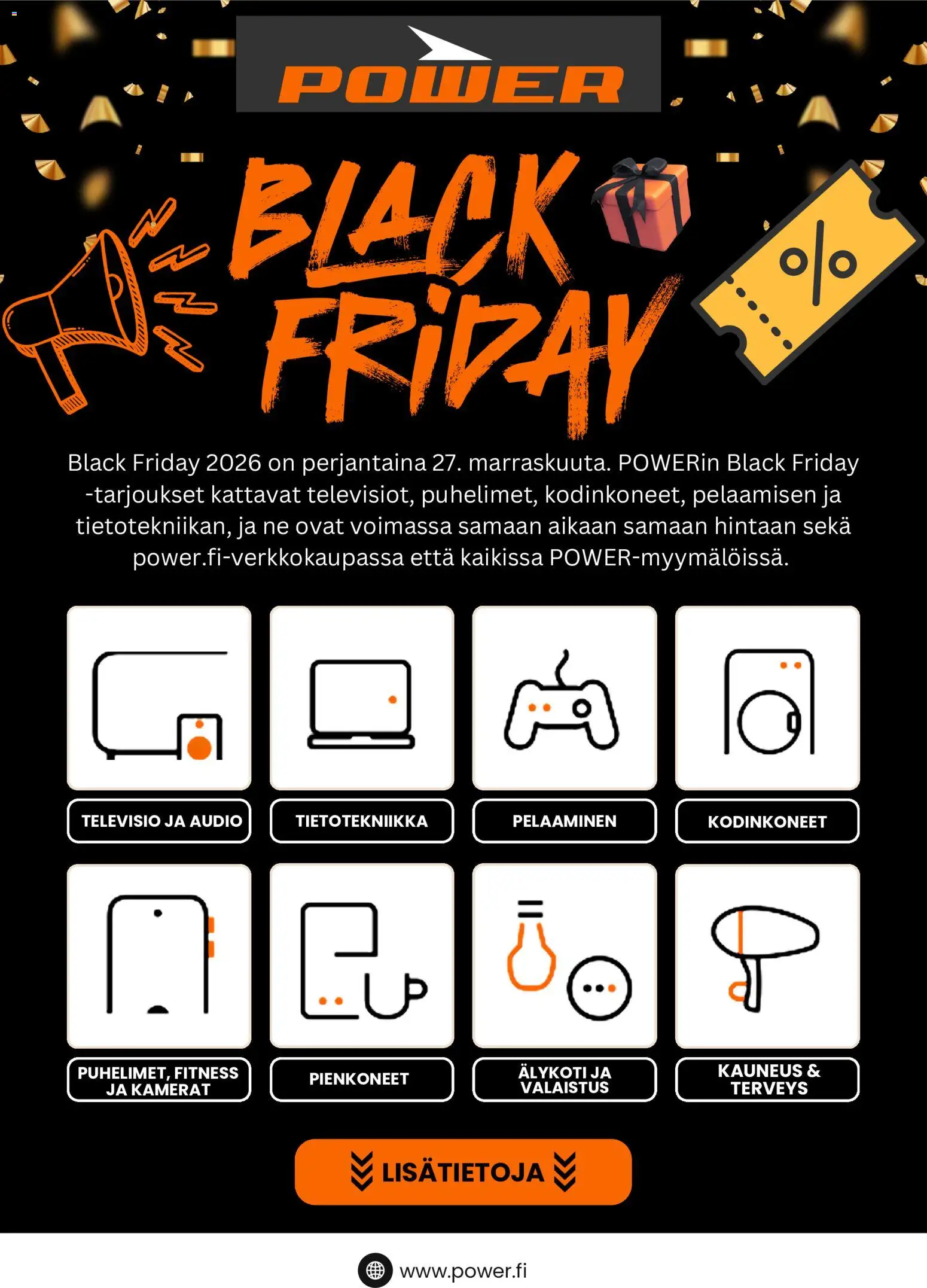 Power Black Friday -ennakkoilmoitus – voimassa 23/10/2026 alkaen | Sivu: 1 | Tuotteet: Audio, Televisio