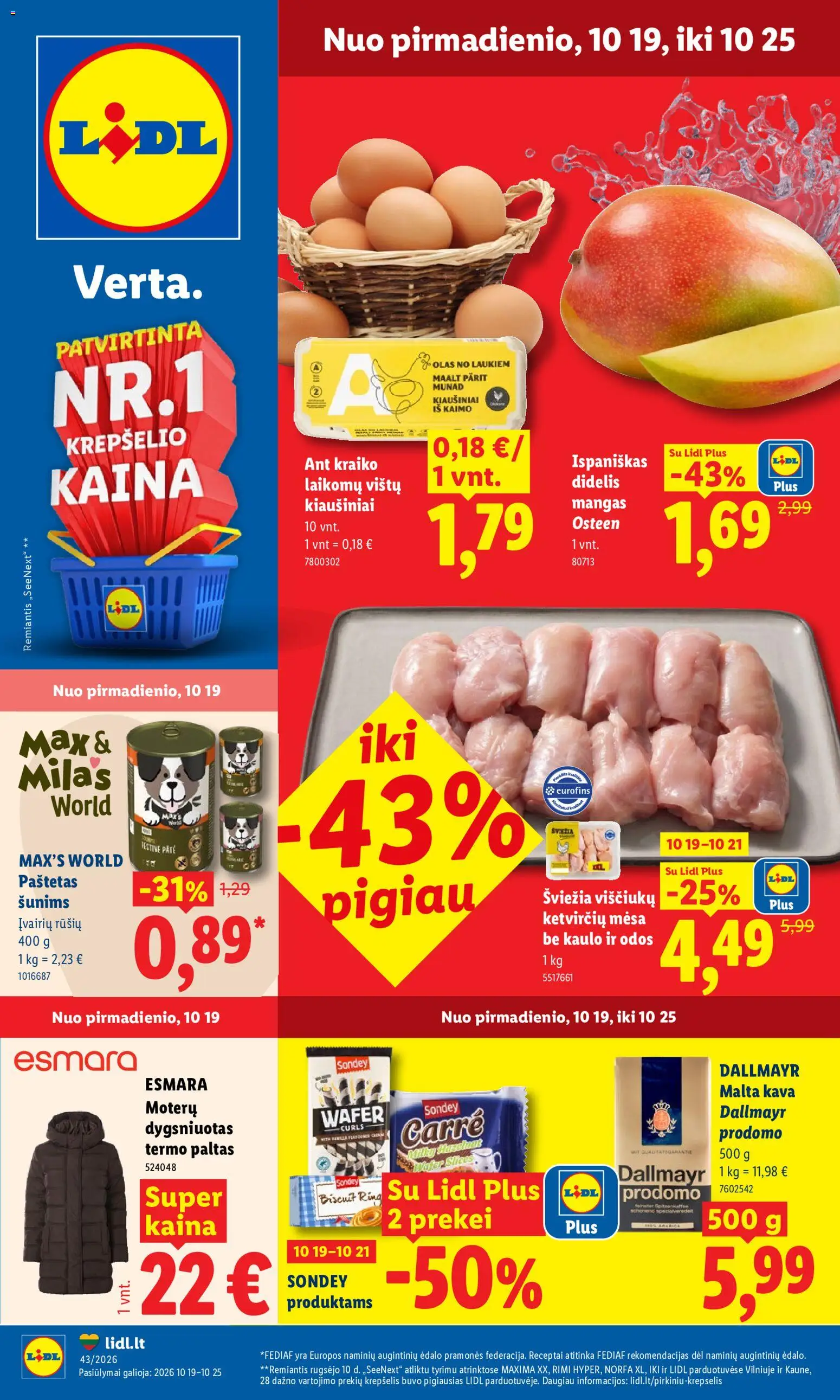LIDL akcijos nuo 2026.10.19 | Puslapis: 1 | Prekių: Paštetas, Paltas, Kiaušiniai, Krepšelis